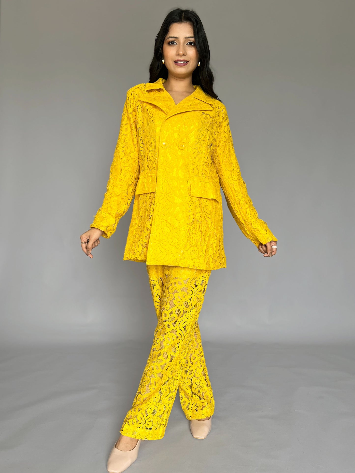 Yellow Lace Blazer Coord Set