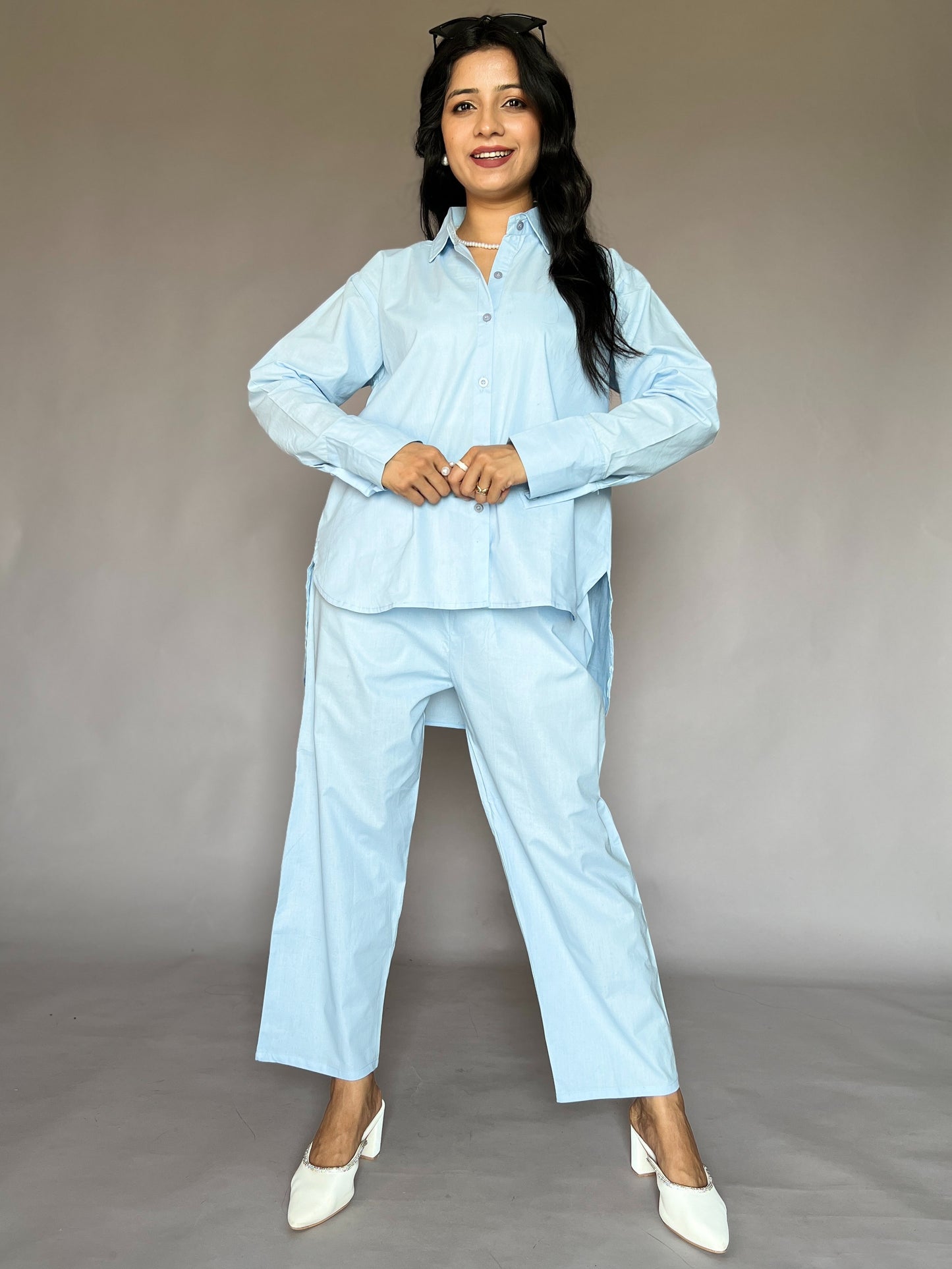 Dusty Blue 2-Piece Cotton Shirt Set