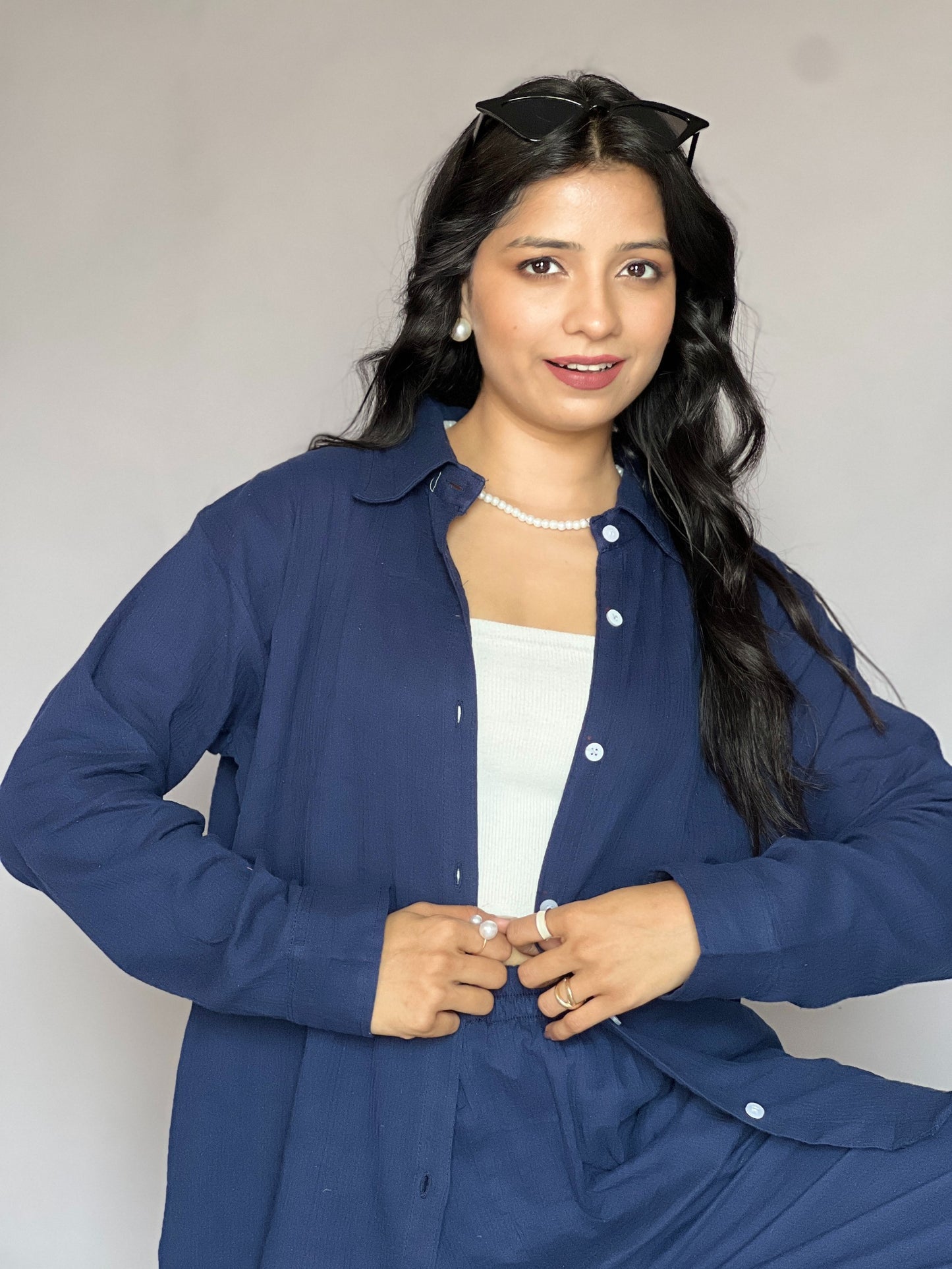 Navy Blue 2-Piece Crinkled Coord Set