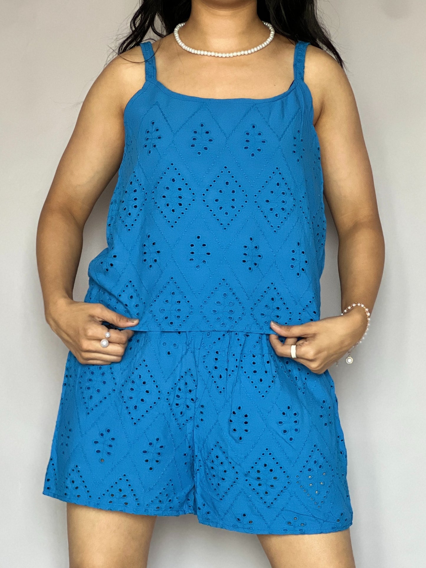 Electric Blue 2-Piece Embroidered Shorts Coord Set