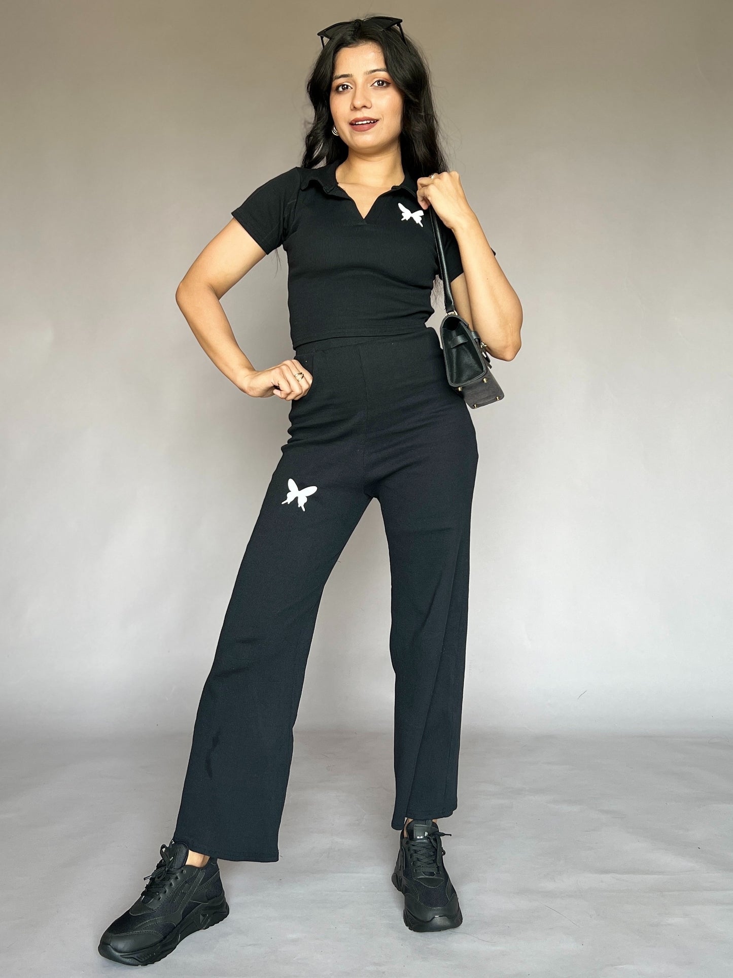 Black Butterfly Embroidered 2-Piece Airport Coord Set