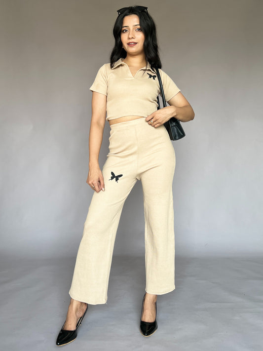 Butterfly Beige Collar Airport Coord Set (2-Piece)