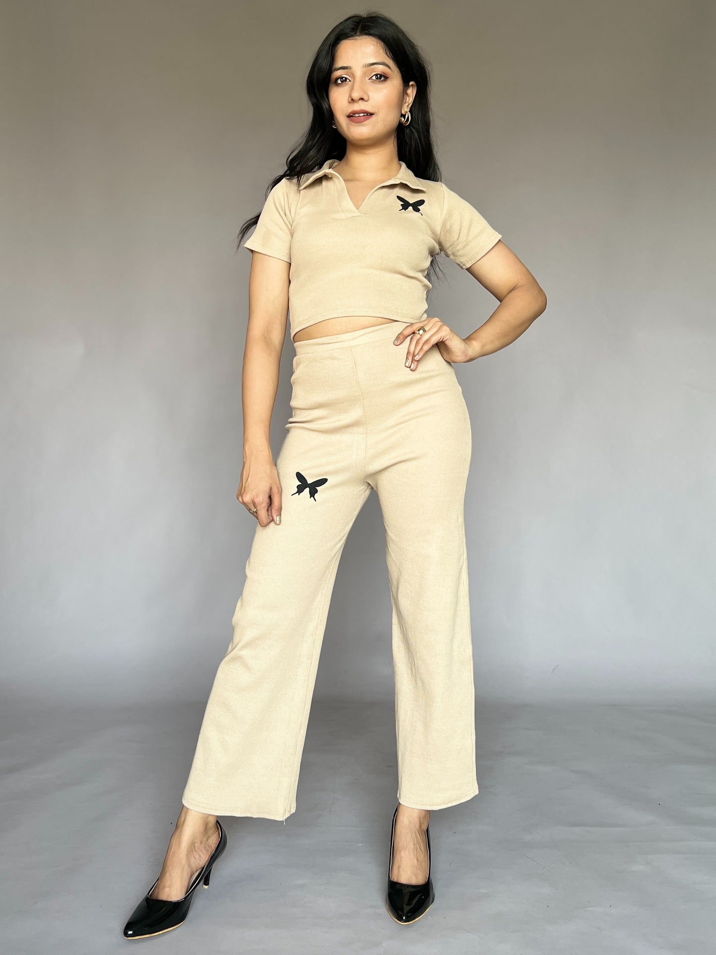 Butterfly Beige Collar Airport Coord Set (2-Piece)
