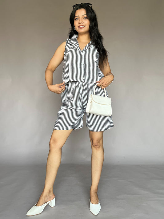 Monochrome Stripe Sleeveless Coord Set (2-Piece)