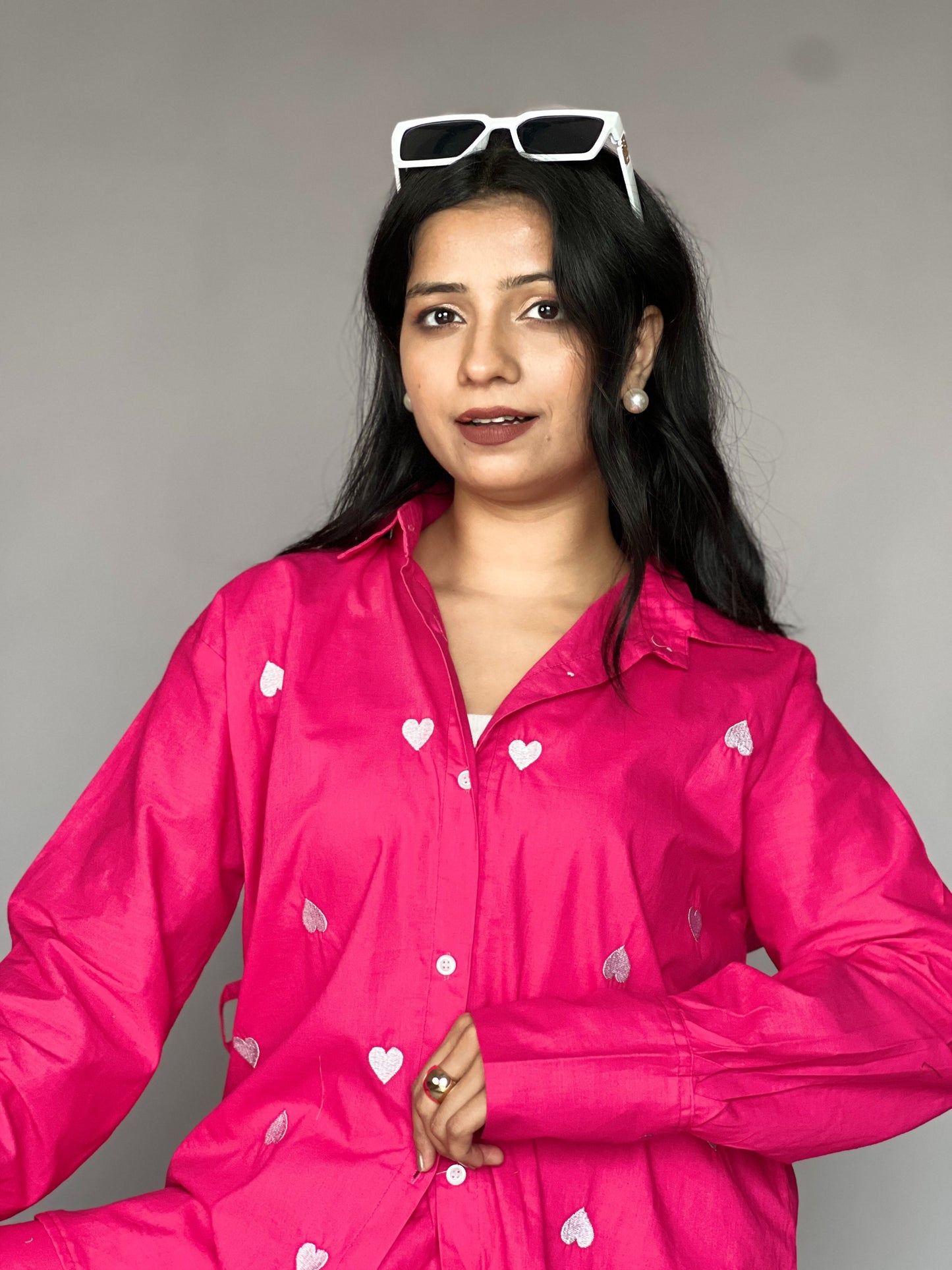 Hot Pink Heart Embroidery 2-Piece Cotton Coord Set