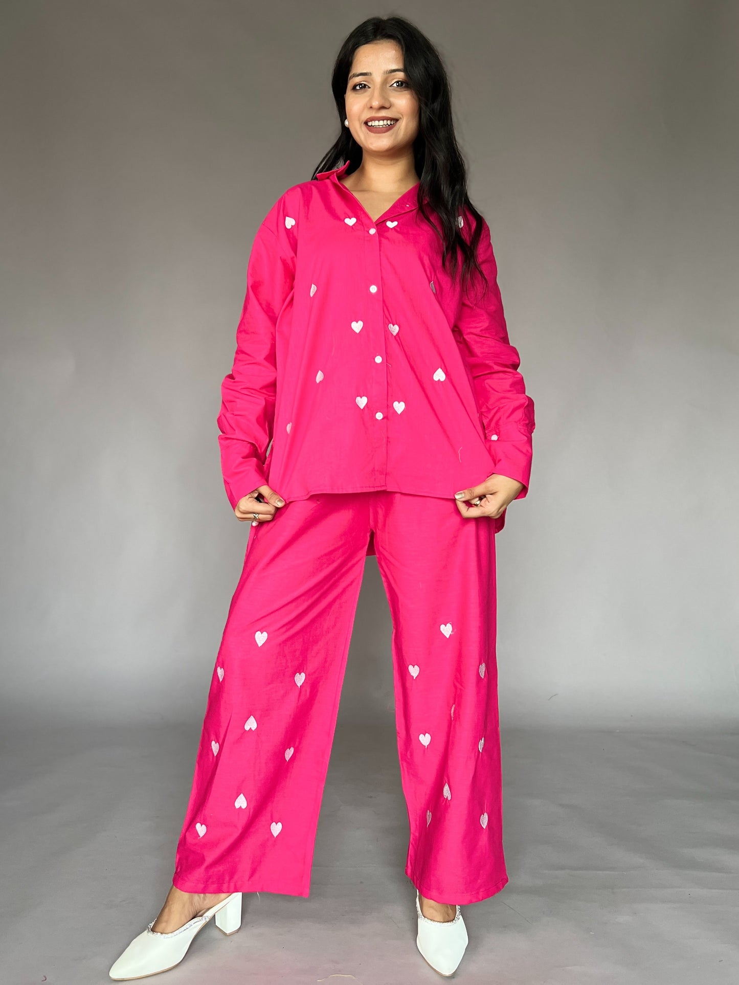 Hot Pink Heart Embroidery 2-Piece Cotton Coord Set