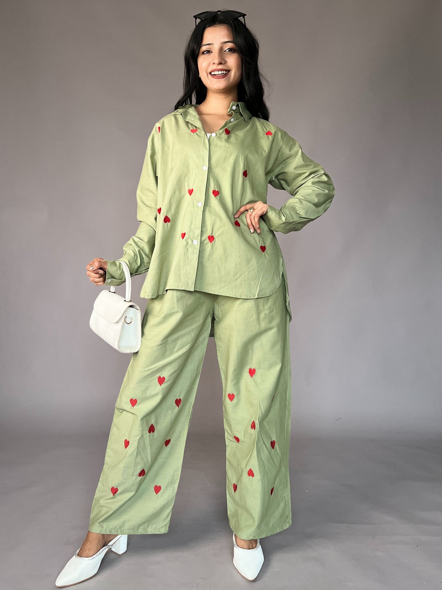 Pastel Green Heart Embroidery 2-Piece Cotton Coord Set