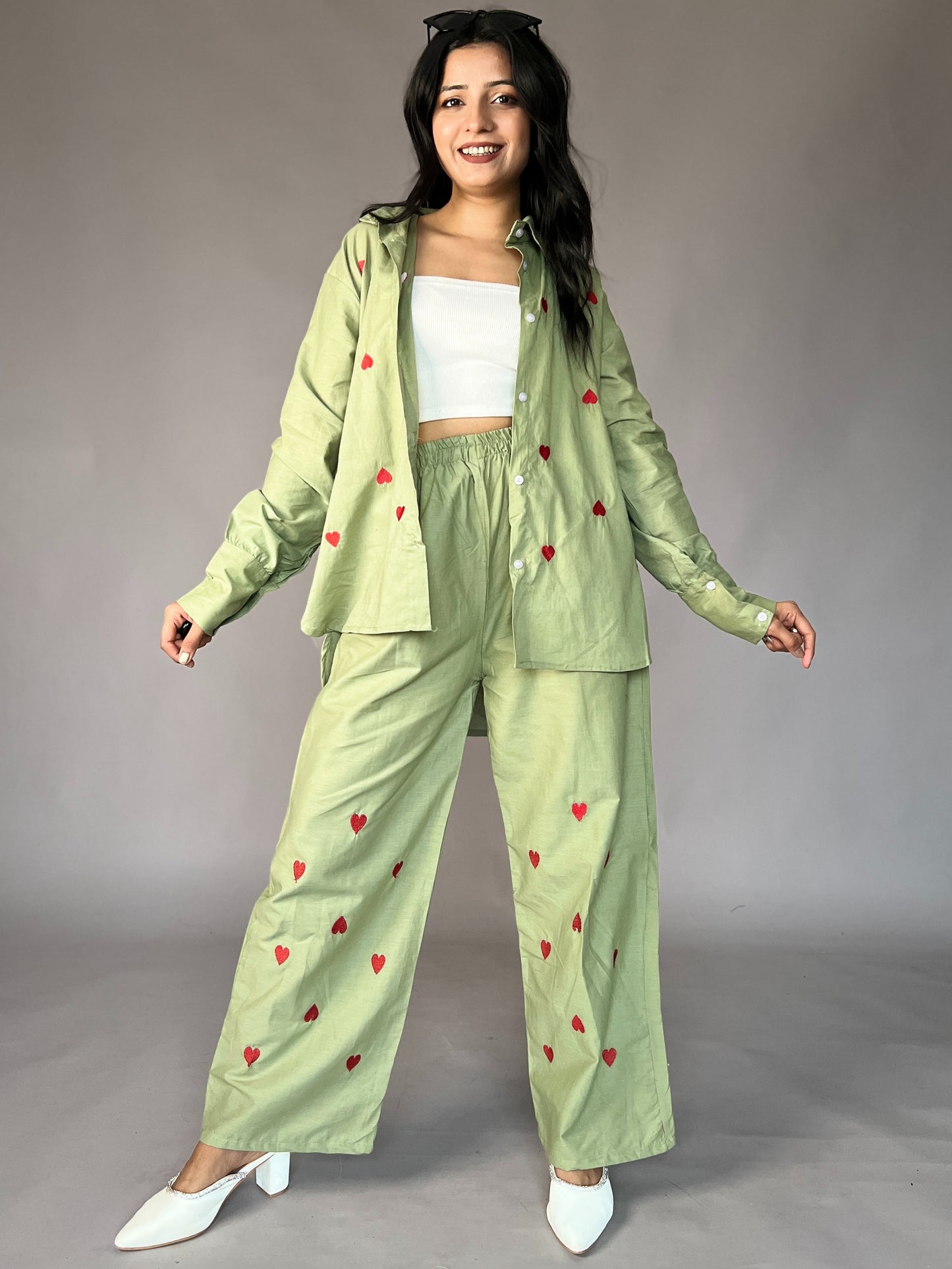 Pastel Green Heart Embroidery 2-Piece Cotton Coord Set