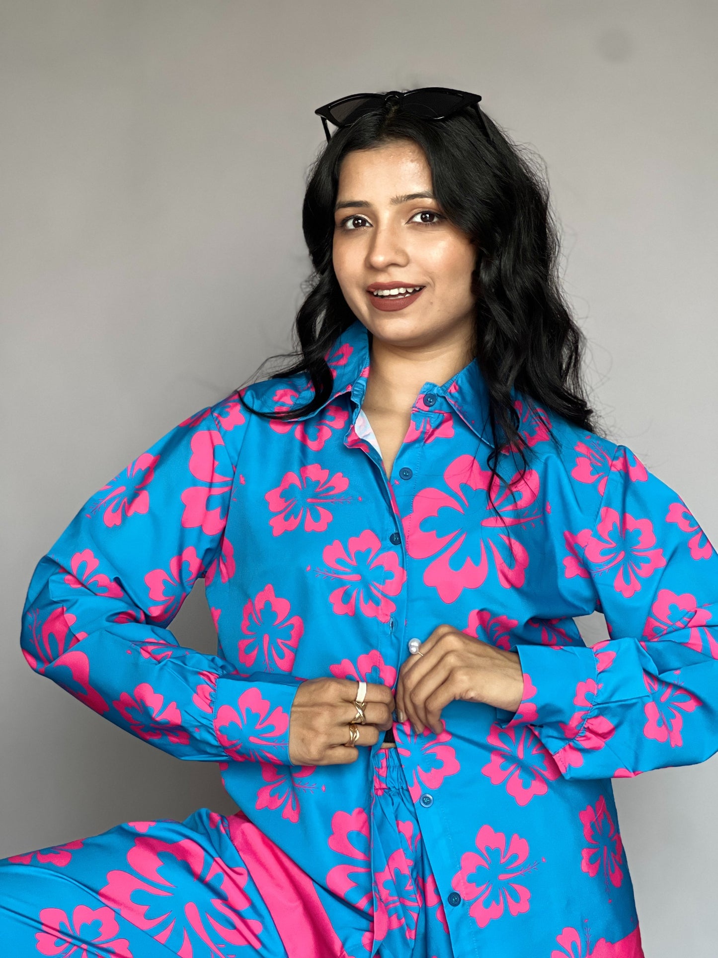 Blue & Pink Floral 2-Piece Satin Coord Set