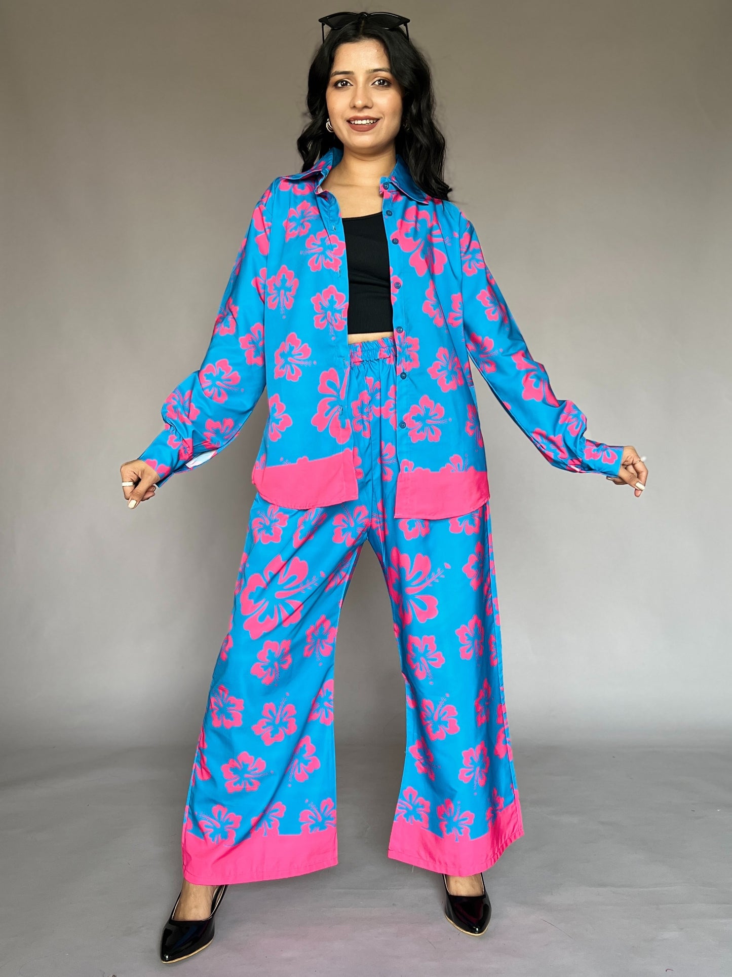 Blue & Pink Floral 2-Piece Satin Coord Set