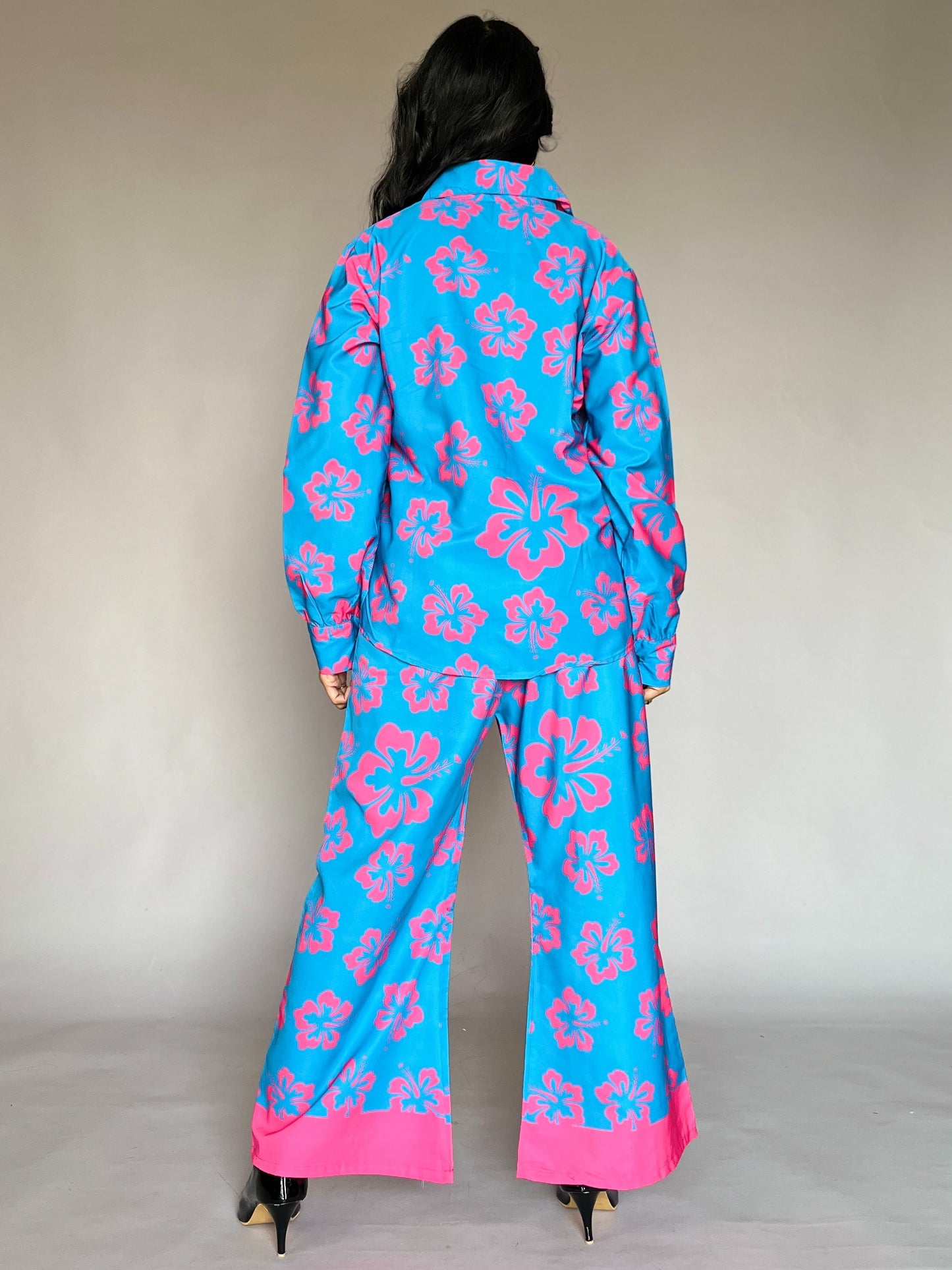 Blue & Pink Floral 2-Piece Satin Coord Set