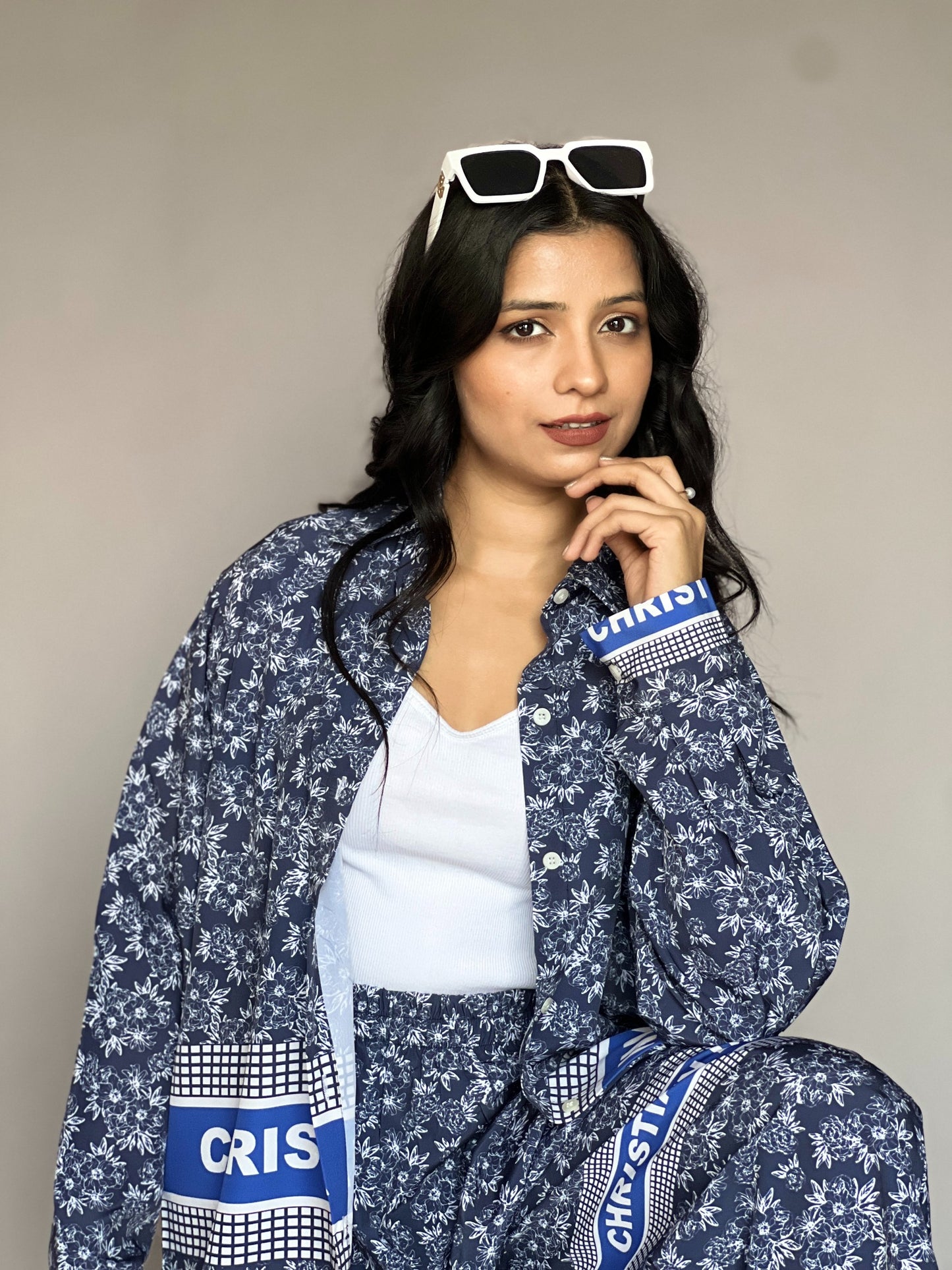 Christian Dior-Inspired Blue Floral 2-Piece Coord Set