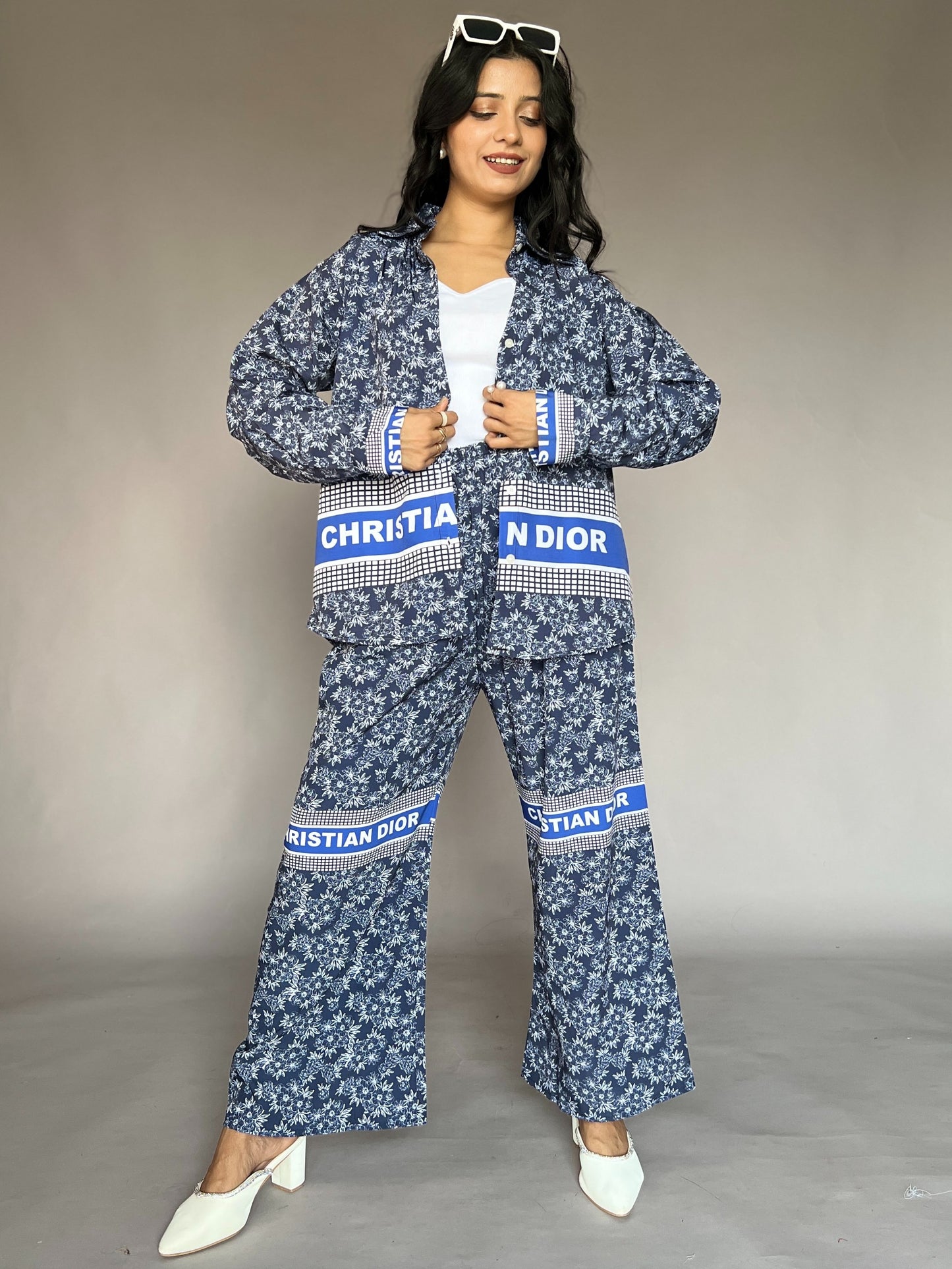 Christian Dior-Inspired Blue Floral 2-Piece Coord Set