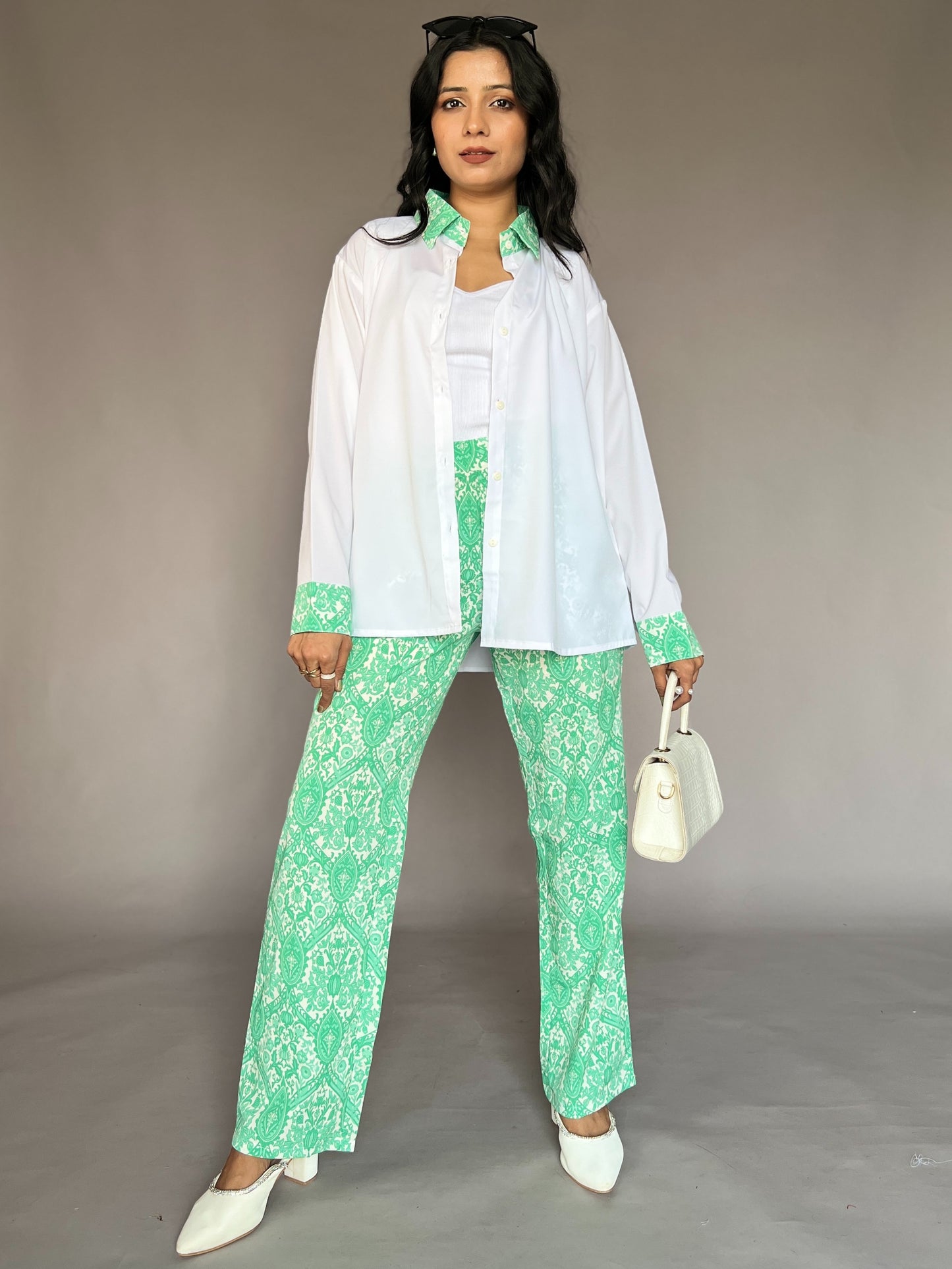 White & Mint Green 2-Piece Contrast Collar Coord Set