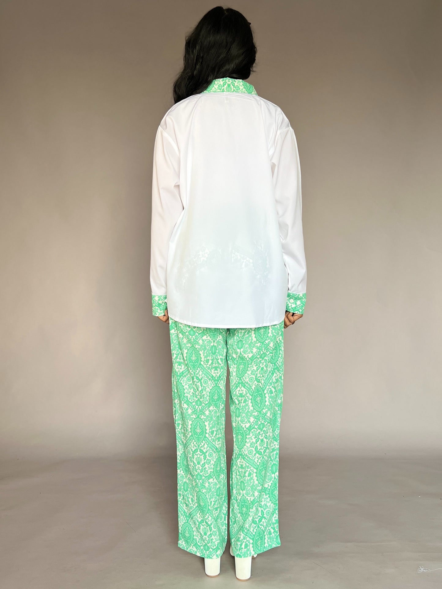 White & Mint Green 2-Piece Contrast Collar Coord Set