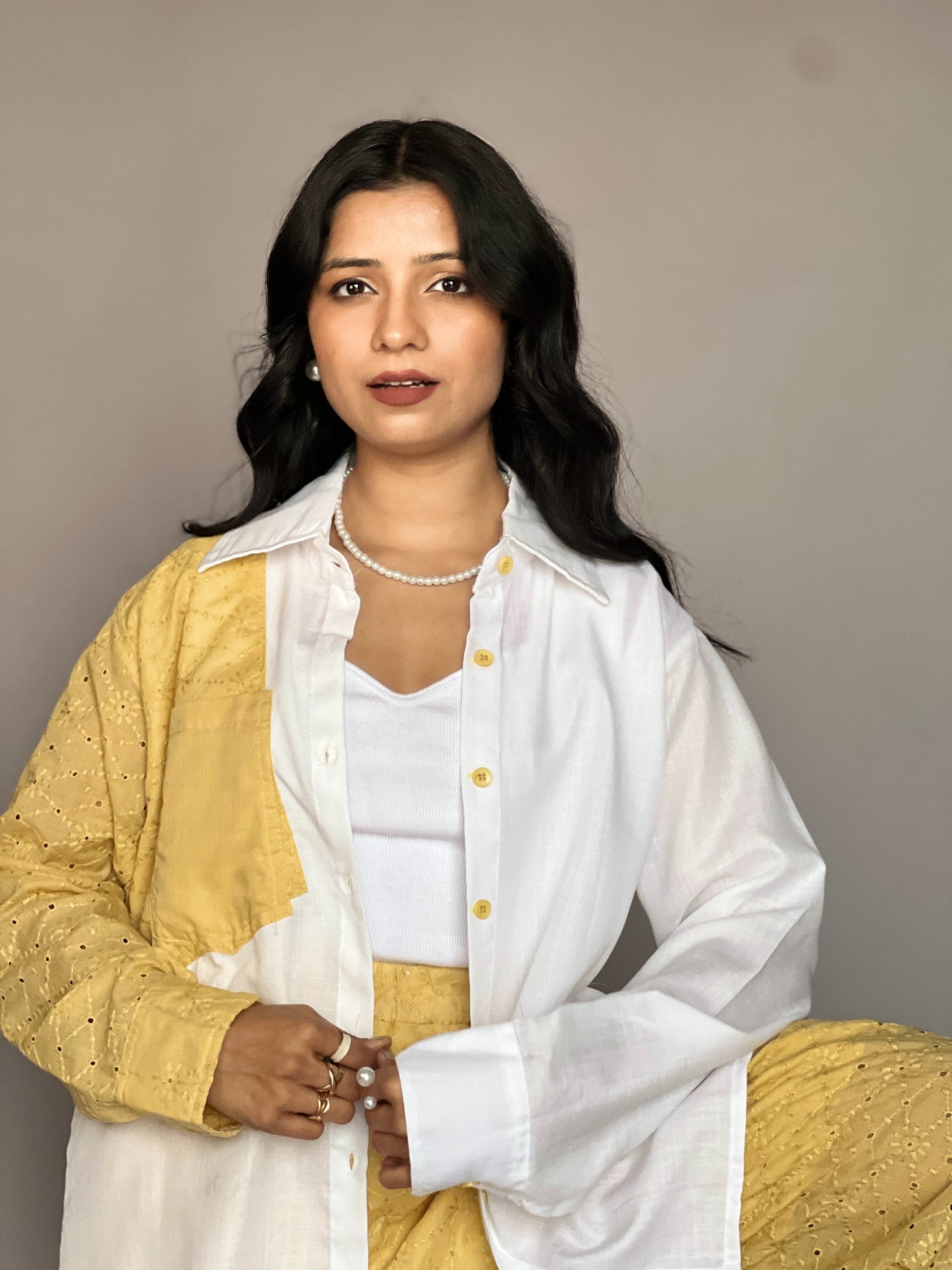 White & Mustard Yellow Textured Sleeve Coord Set