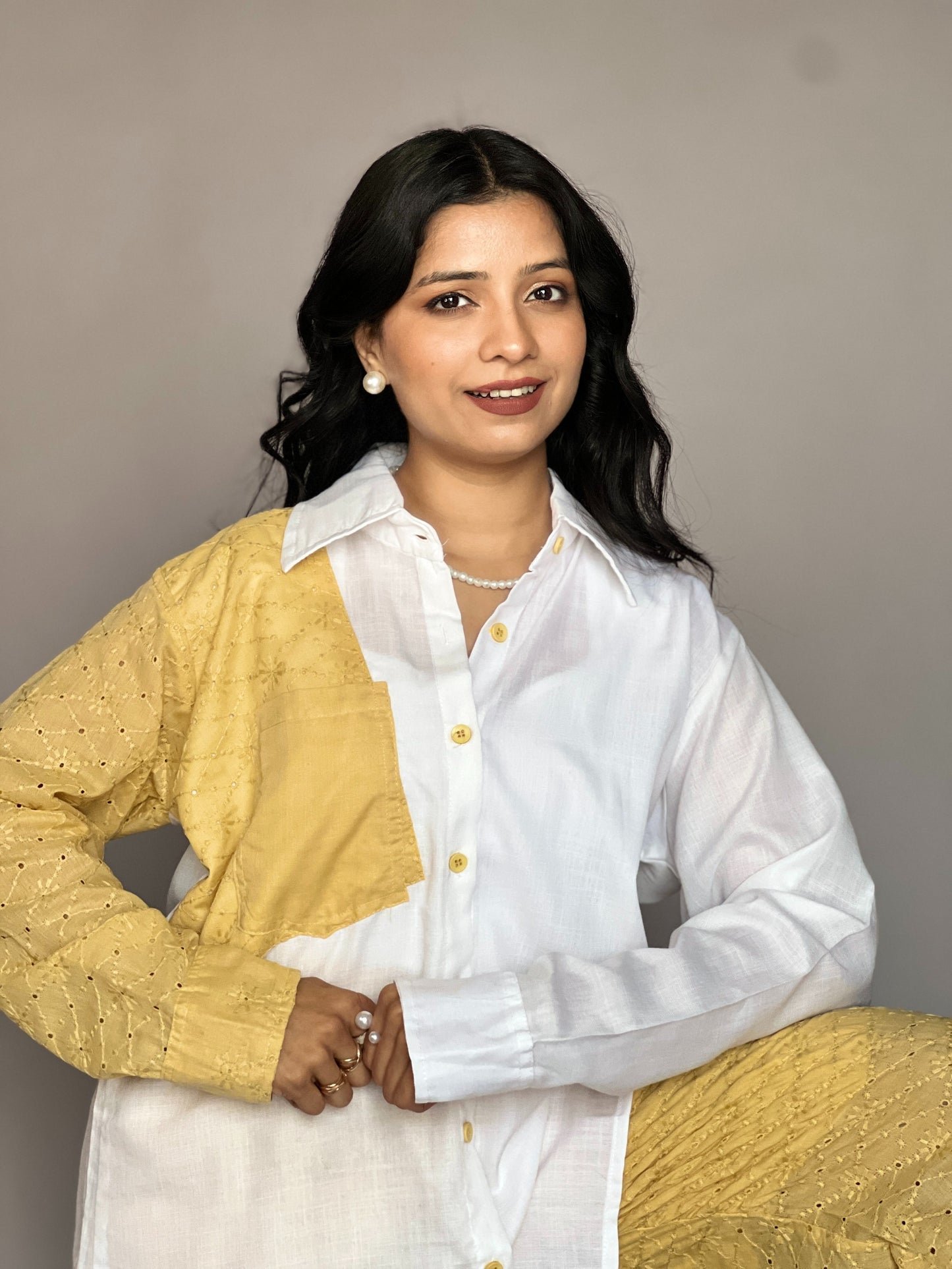 White & Mustard Yellow Textured Sleeve Coord Set