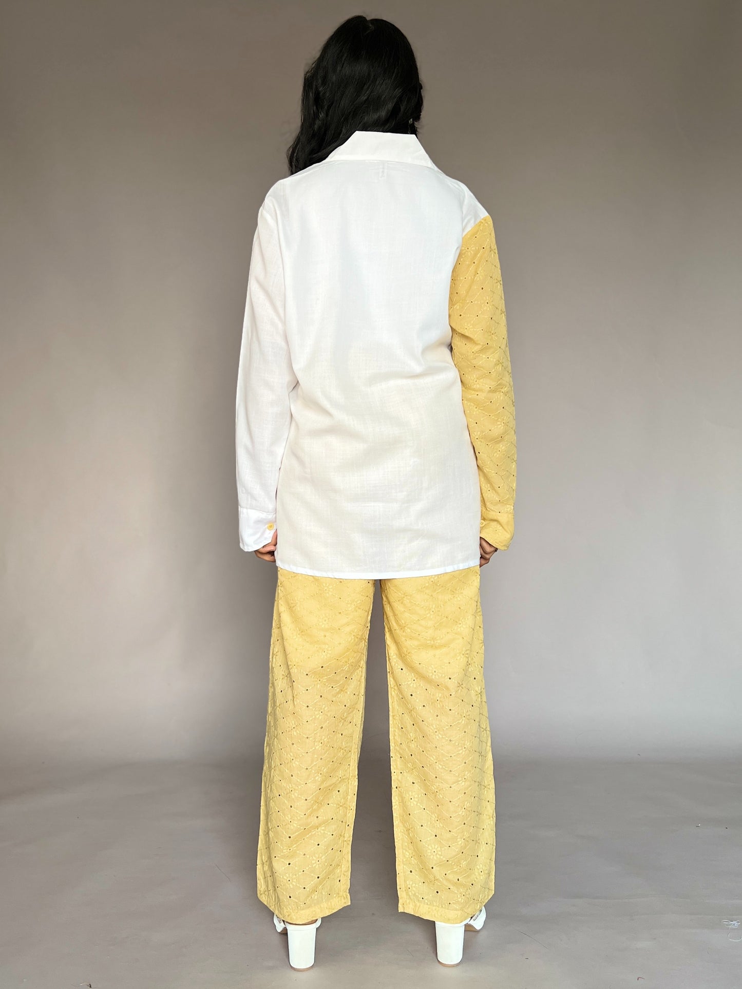 White & Mustard Yellow Textured Sleeve Coord Set