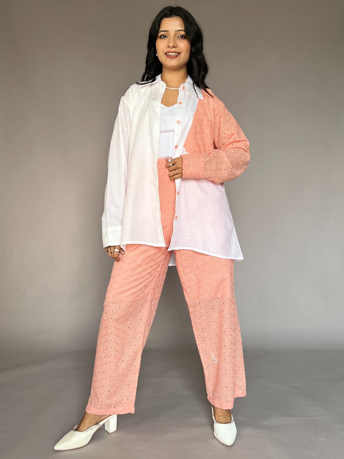 White & Peach Pink Embroidered Sleeve Coord Set