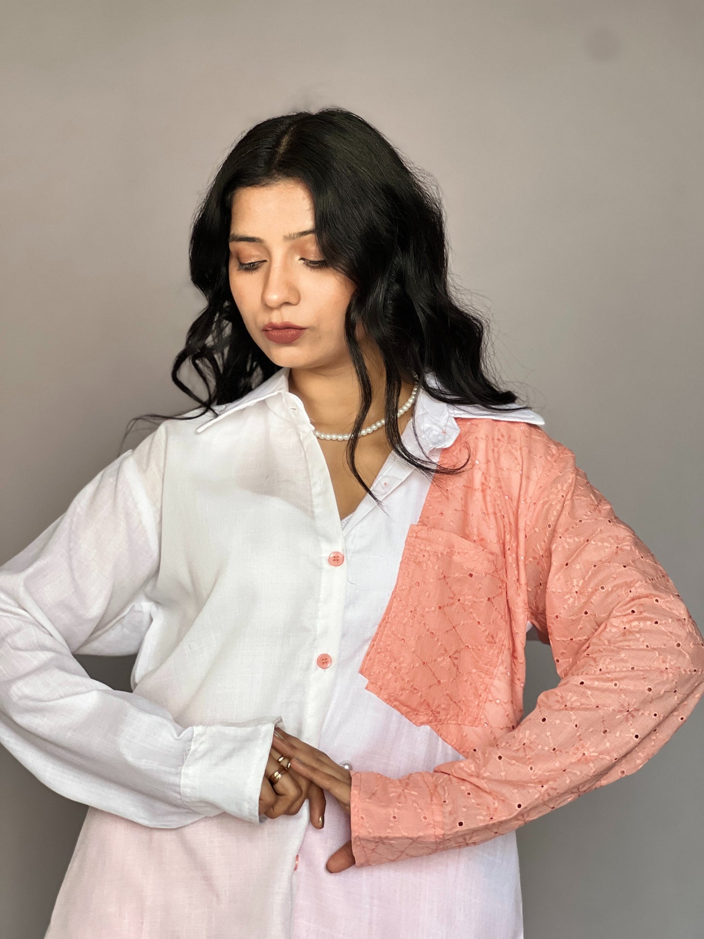 White & Peach Pink Embroidered Sleeve Coord Set