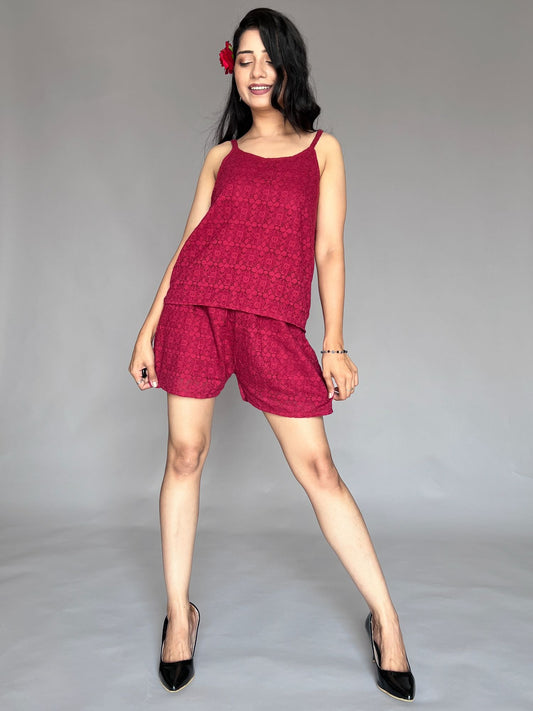 Cherry Red Lace Co-ord Set – Spaghetti Top & Shorts