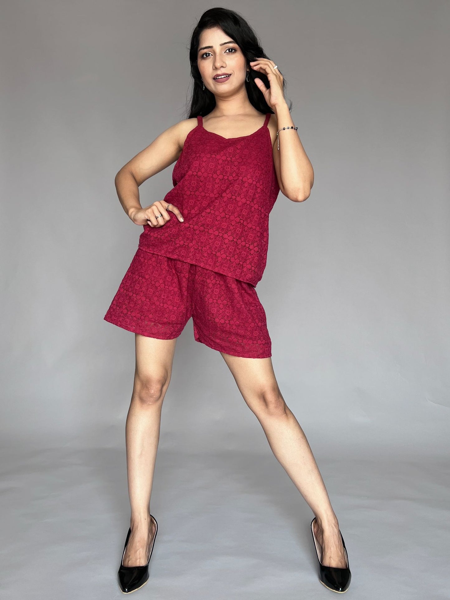 Cherry Red Lace Co-ord Set โ Spaghetti Top & Shorts