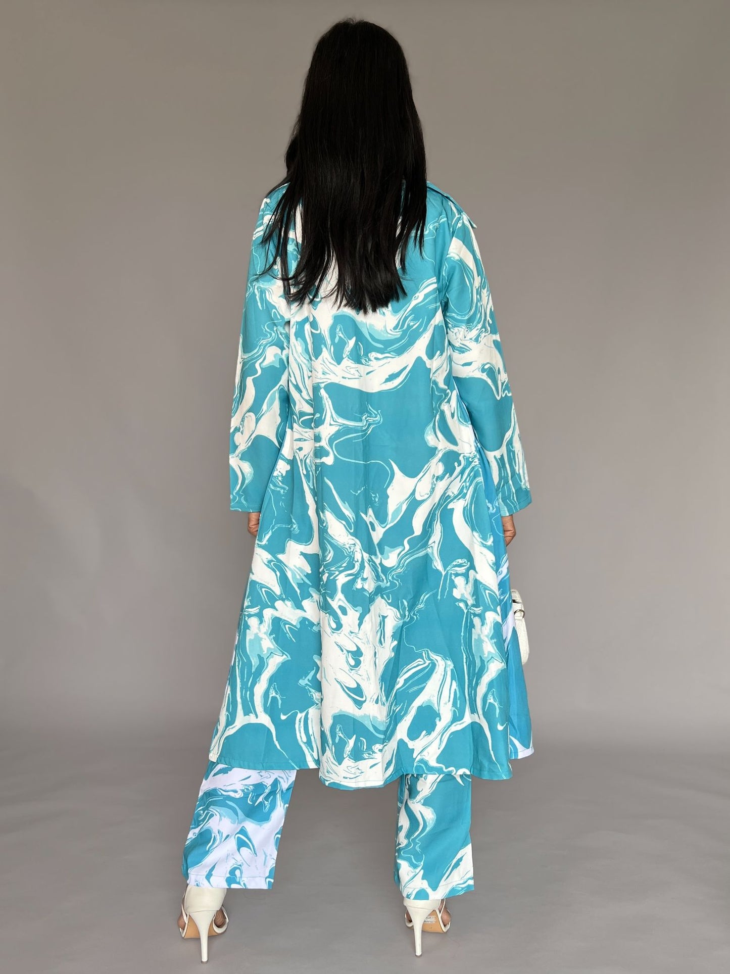 Blue Marble Print Three-Piece Co-Ord Set