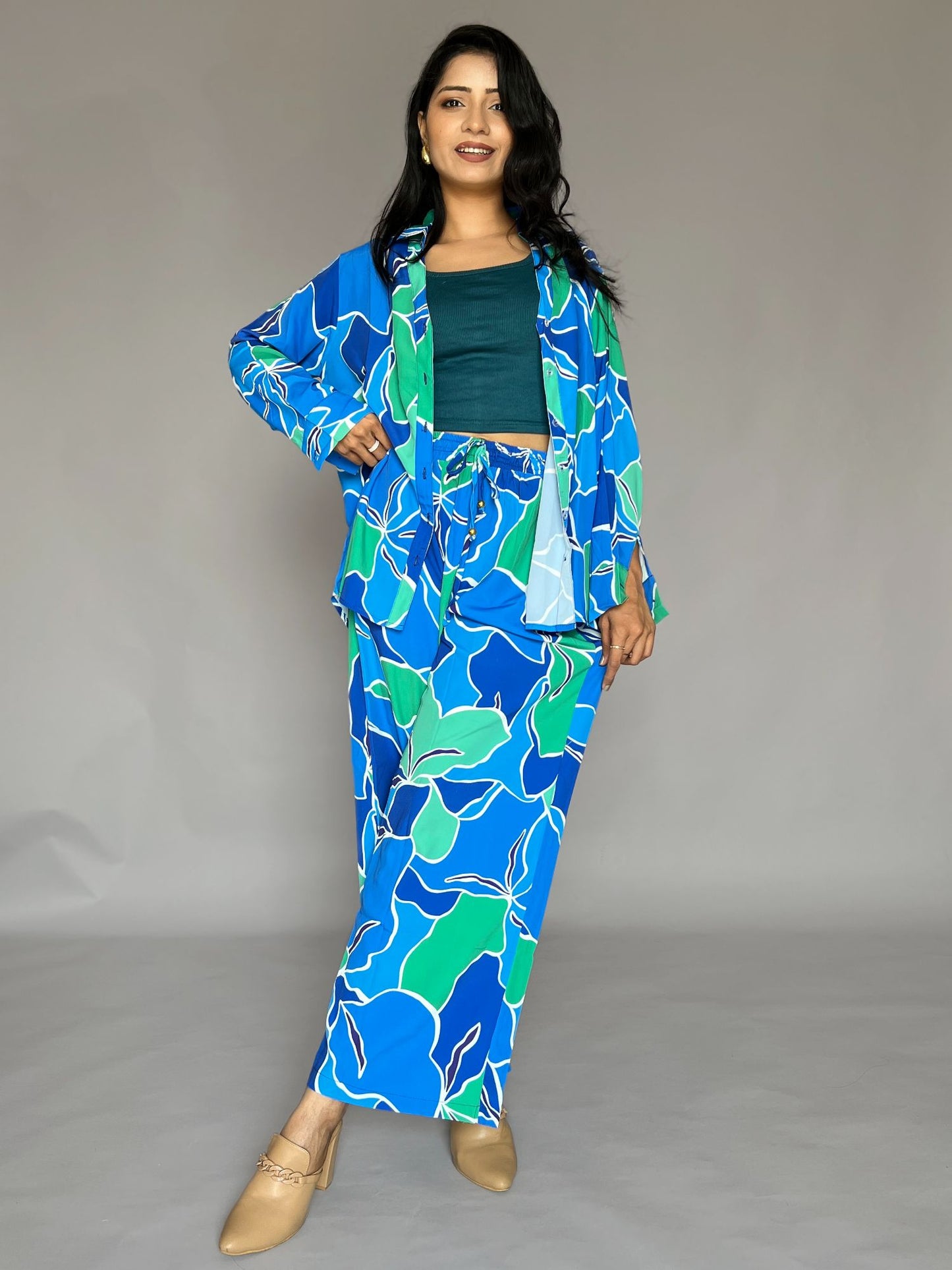 Blue Green Printed 3-Piece Pants Co-ord Set
