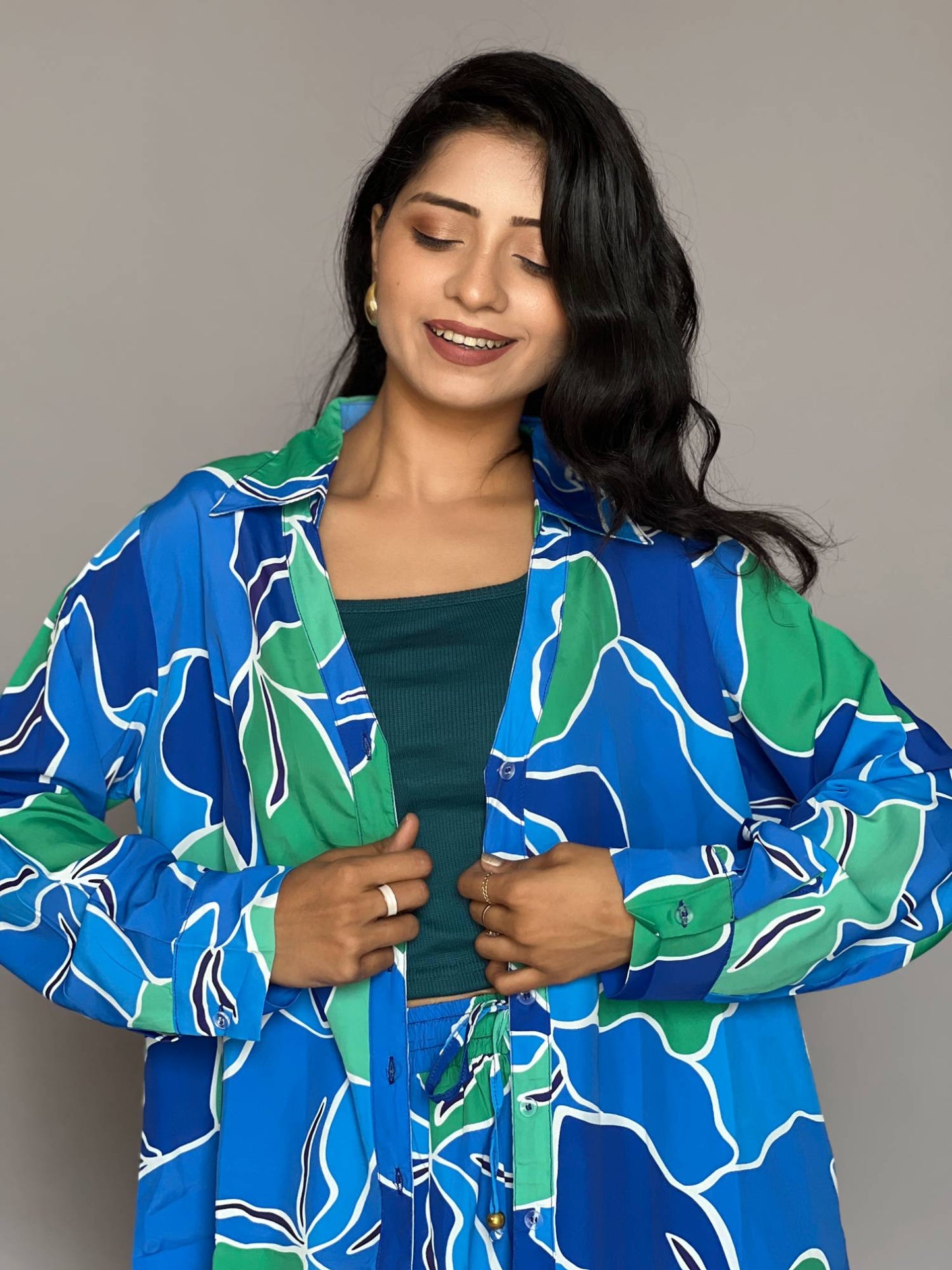Blue Green Printed 3-Piece Pants Co-ord Set