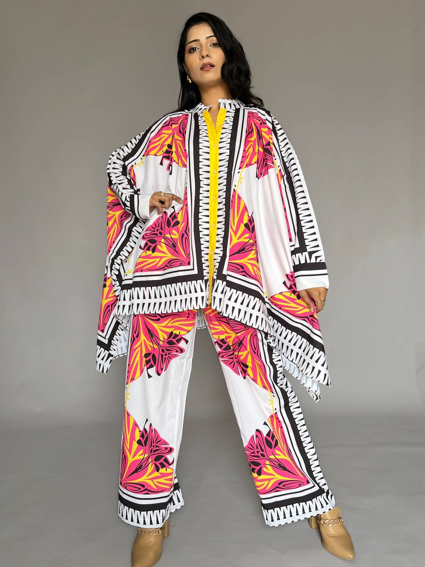 Pink White Printed 2-Piece Kaftan Pants Co-ord Set