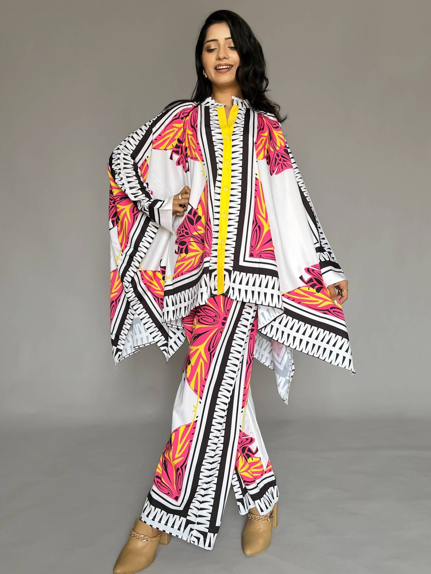 Pink White Printed 2-Piece Kaftan Pants Co-ord Set