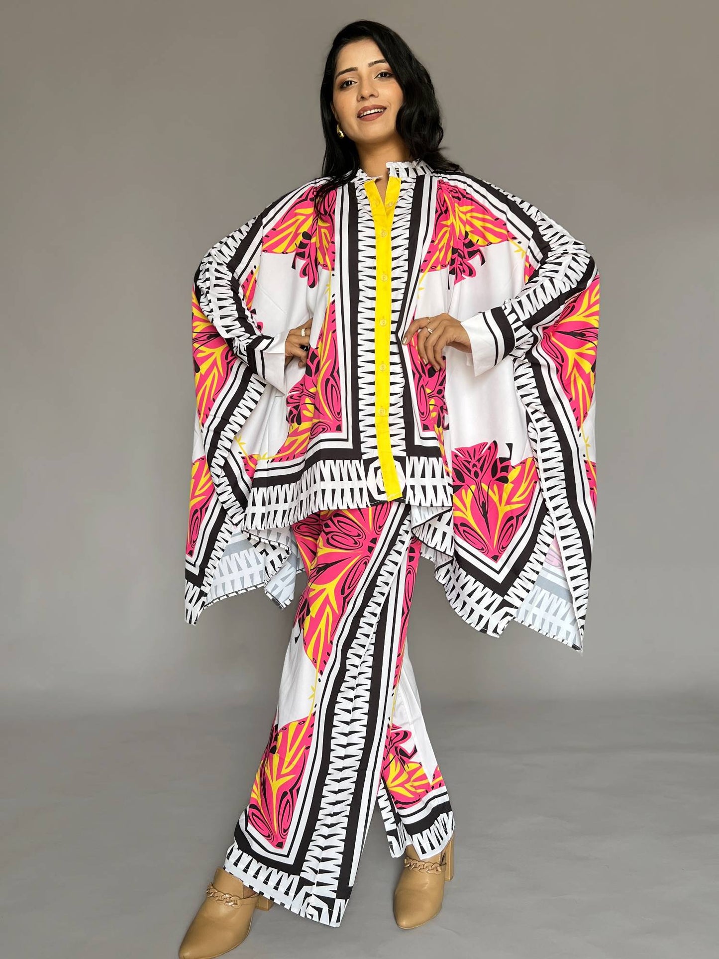 Pink White Printed 2-Piece Kaftan Pants Co-ord Set