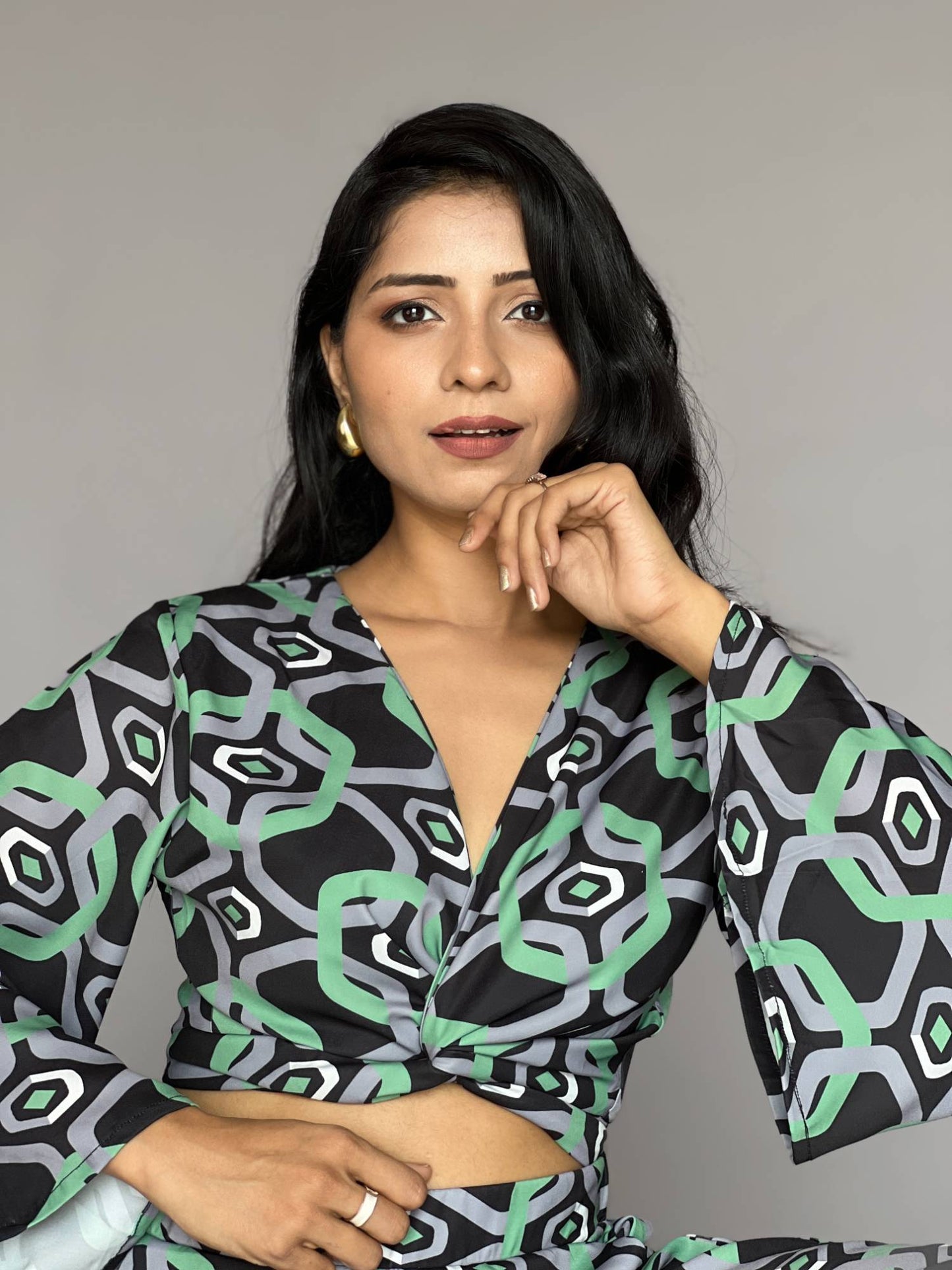 Geometric Print Flared Sleeve 2 Piece Co-Ord Set