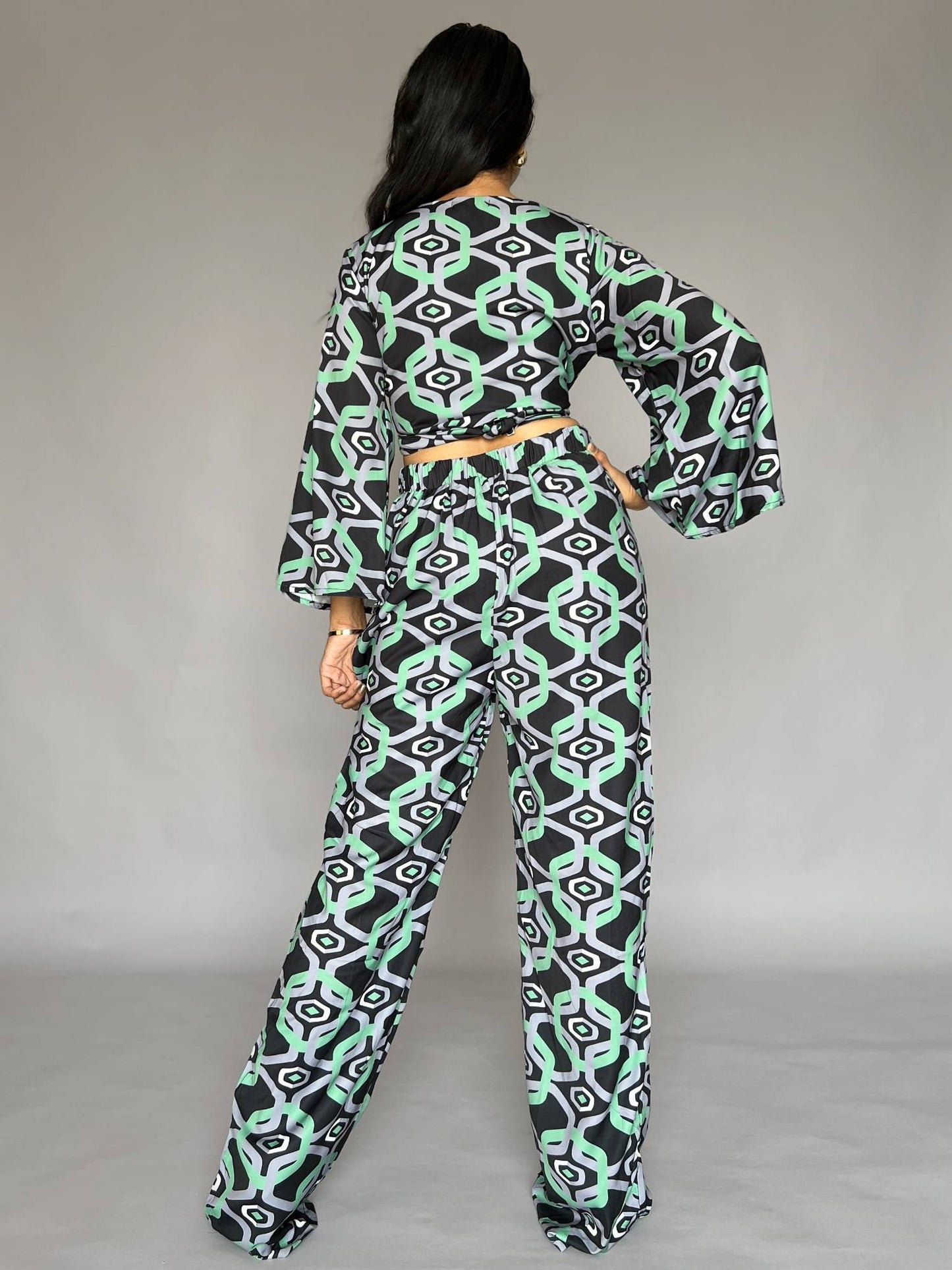 Geometric Print Flared Sleeve 2 Piece Co-Ord Set
