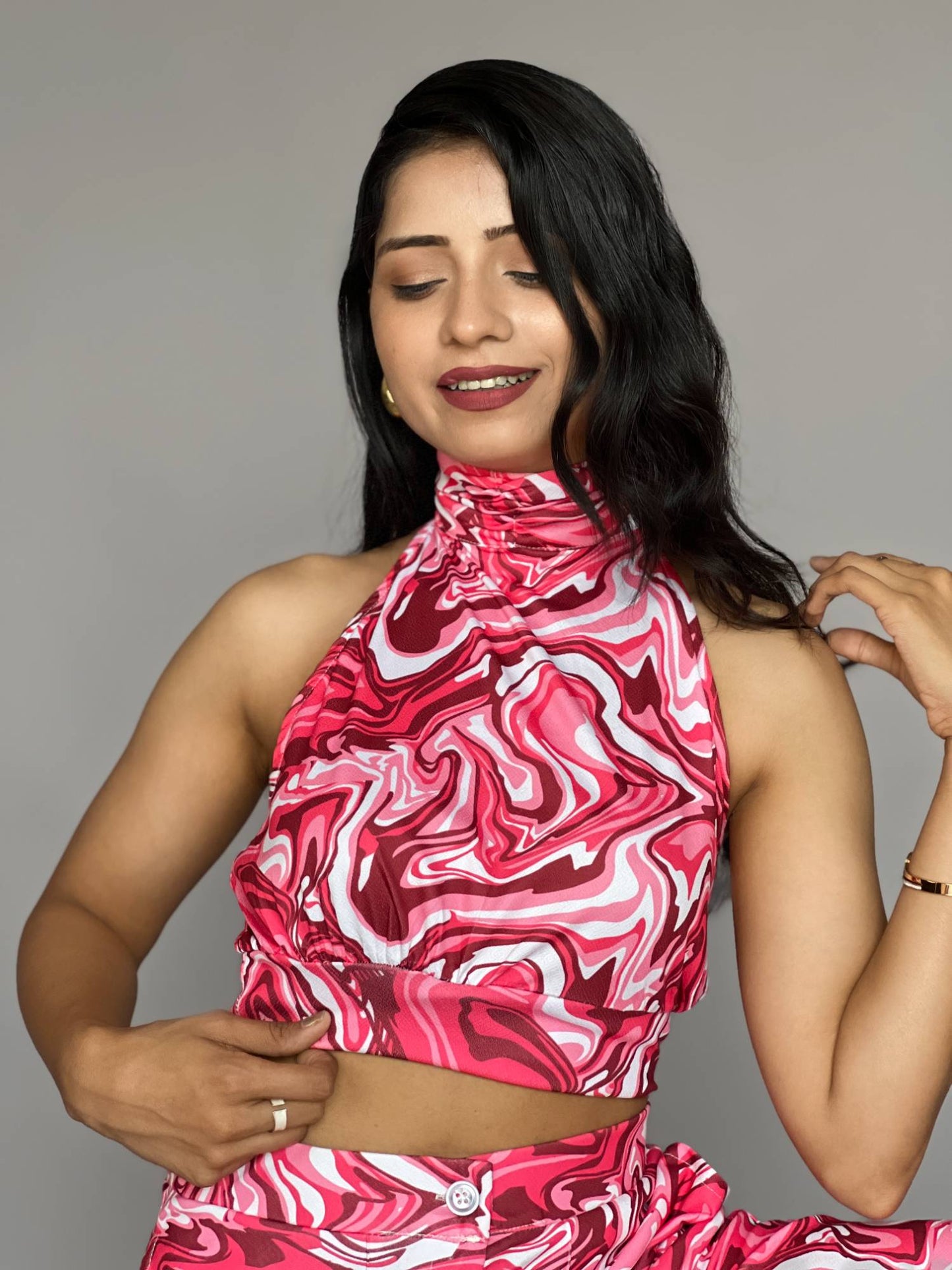Pink Swirl Print Halter 2 Piece Co-Ord Set