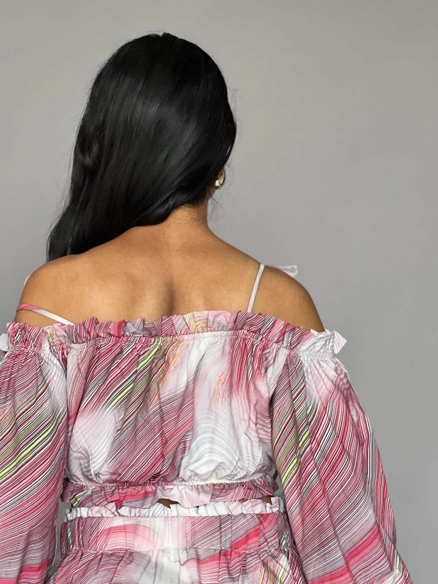 Pink Off-Shoulder Ruffled 2 Piece Skirt Set