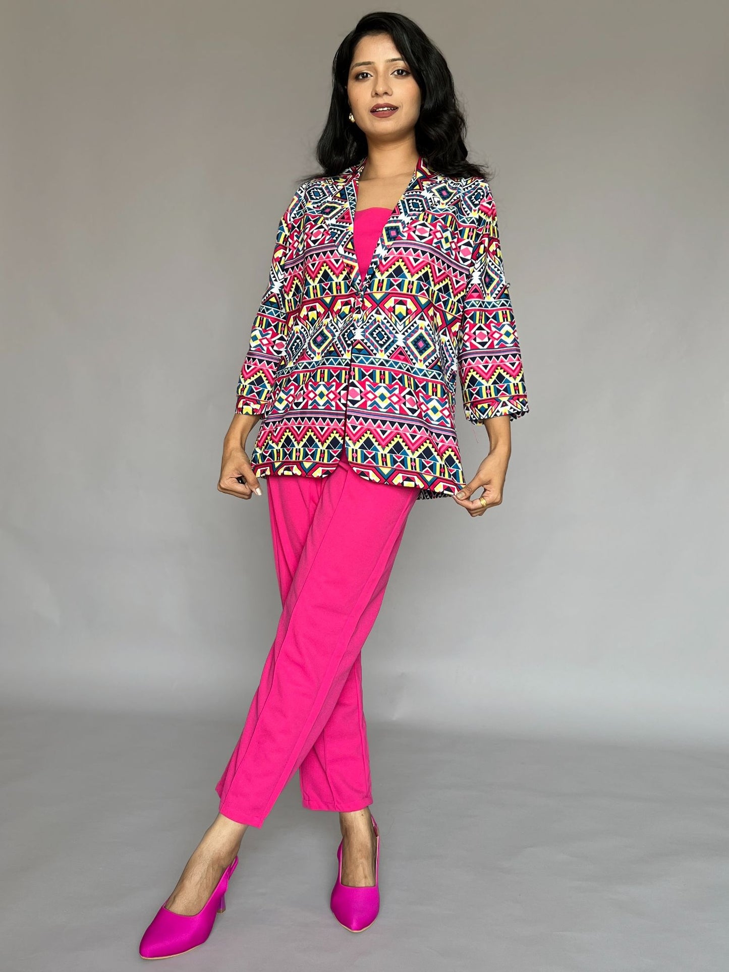 Tribal Print Blazer Pants Co-Ord Set- 3 Piece