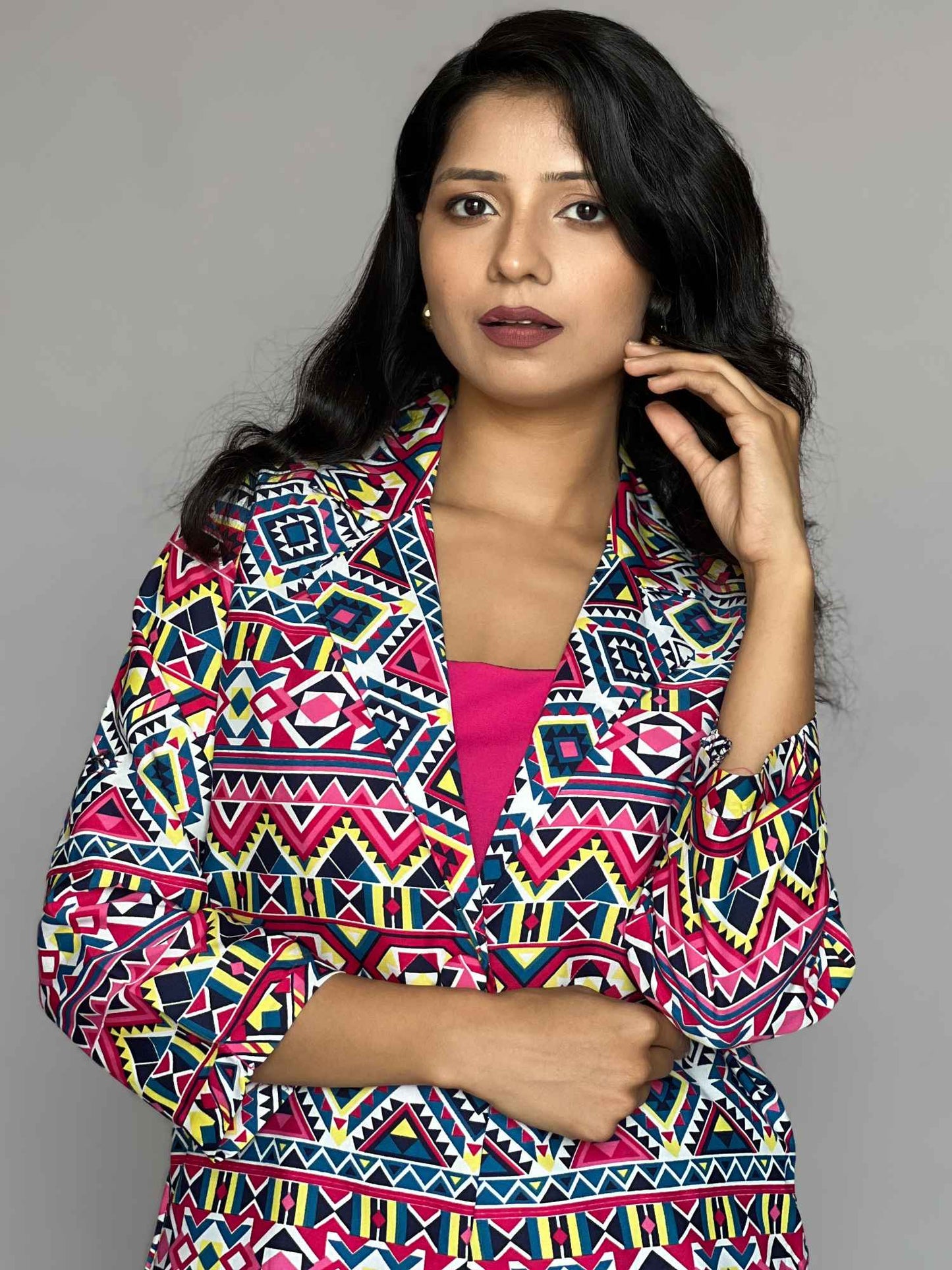 Tribal Print Blazer Pants Co-Ord Set- 3 Piece
