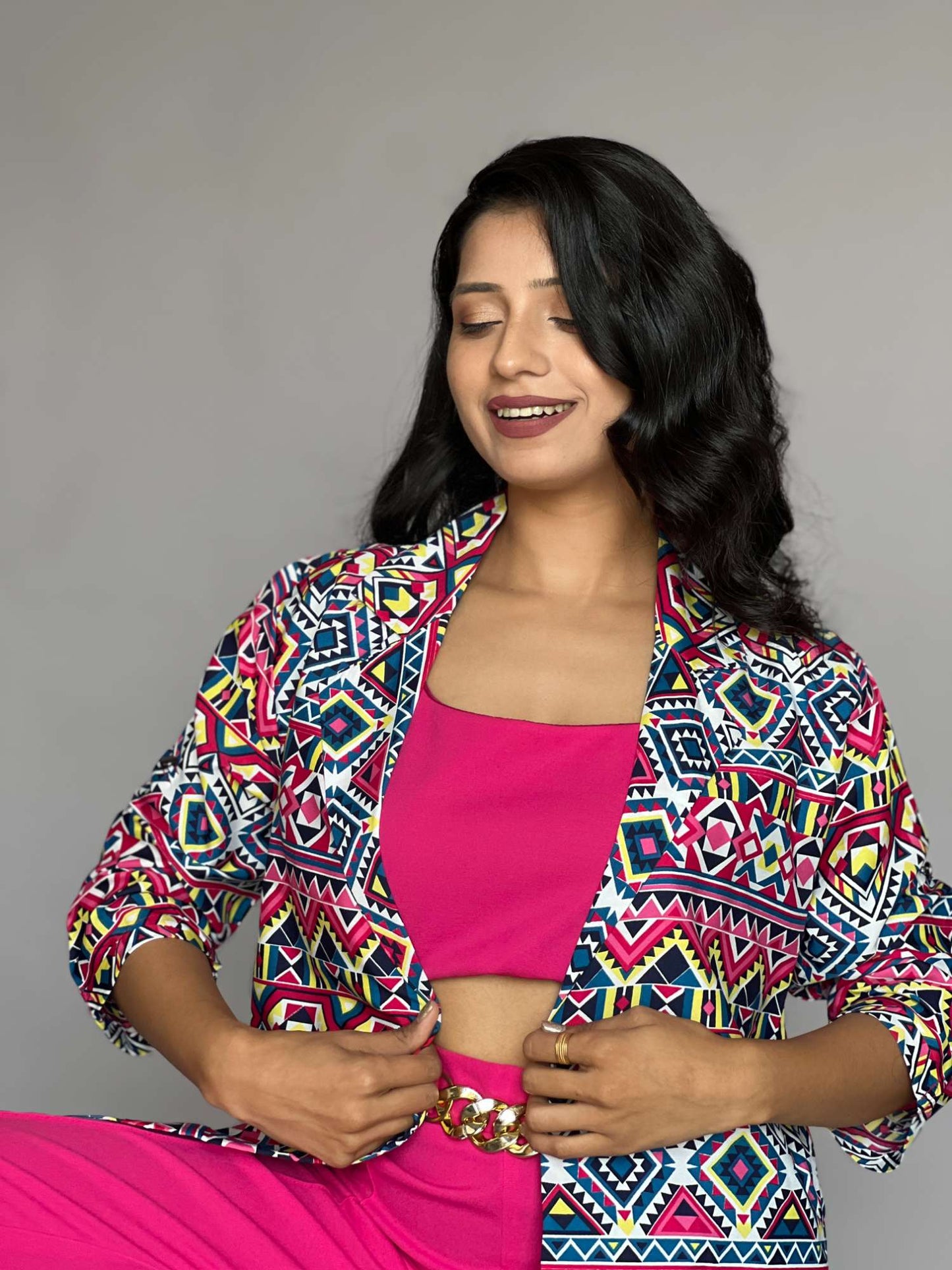 Tribal Print Blazer Pants Co-Ord Set- 3 Piece