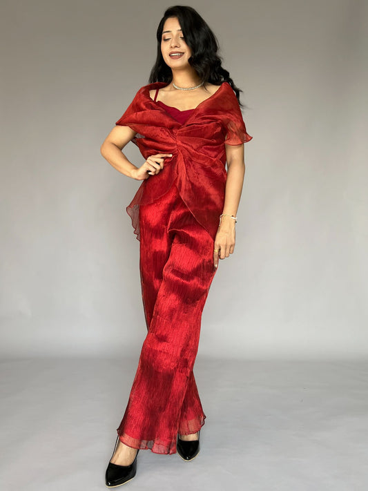 Red Crinkled Pleated 2 Piece Co-ord Set