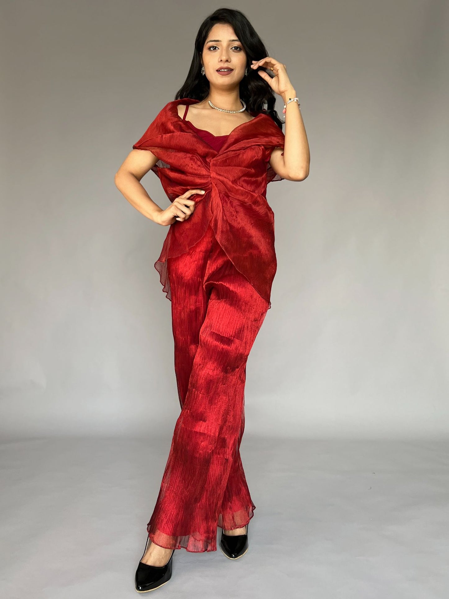 Red Crinkled Pleated 2 Piece Co-ord Set