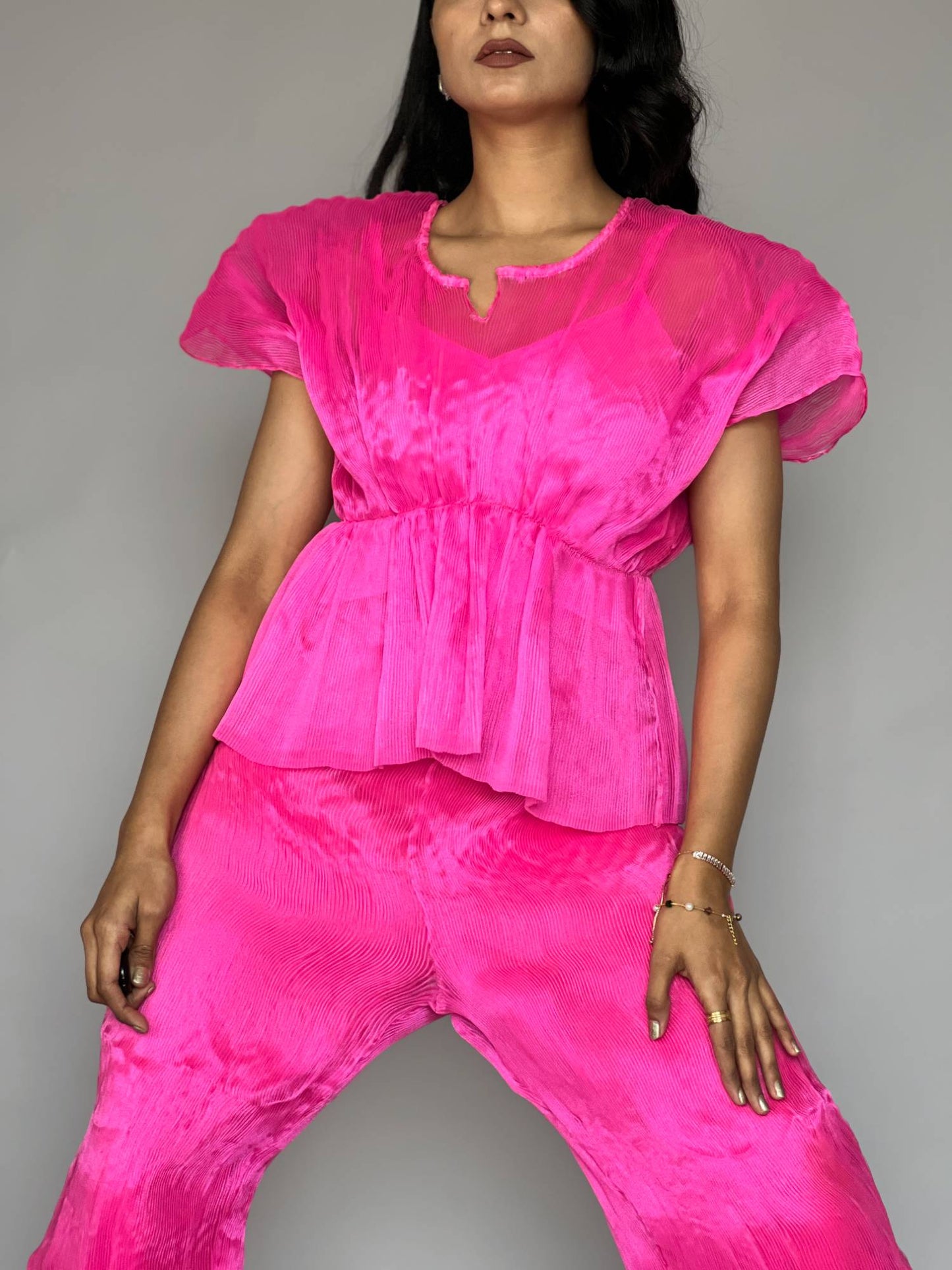 Pink Crinkled Pleated 2 Piece Co-ord Set