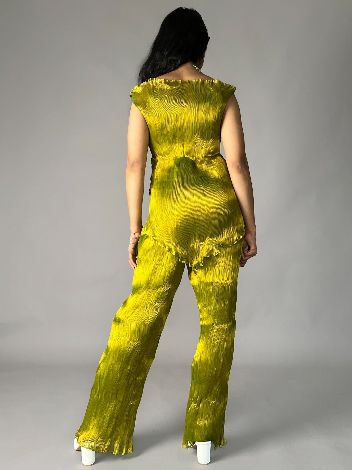 Olive Green Crinkled Pleated 2 Piece Co-ord Set