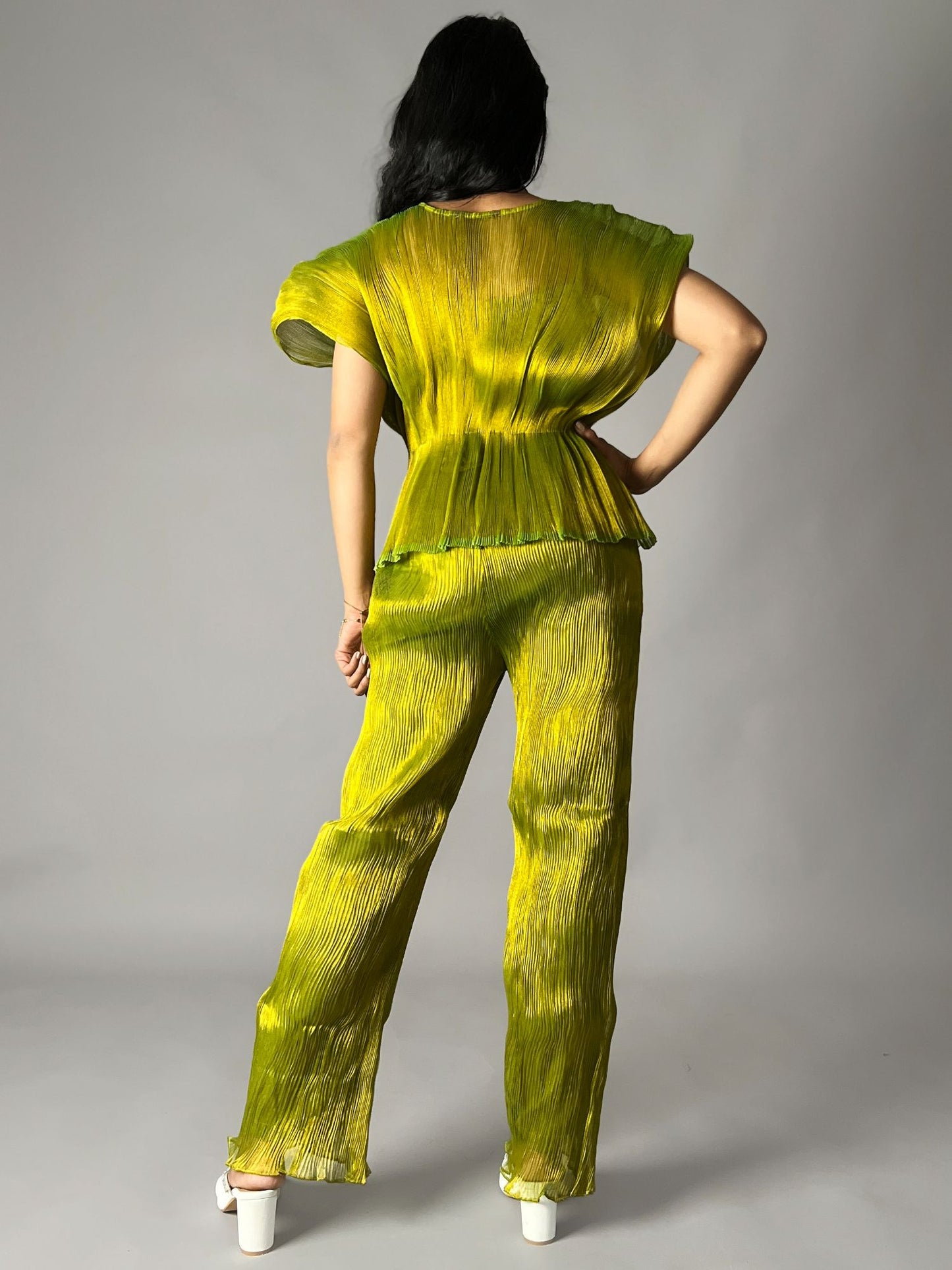 Olive Green Crinkled Pleated 2 Piece Co-ord Set