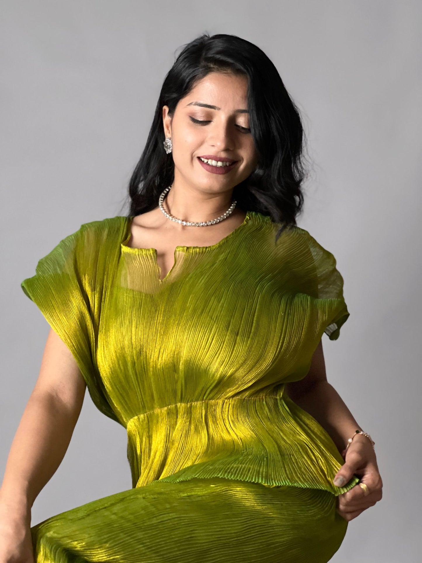 Olive Green Crinkled Pleated 2 Piece Co-ord Set
