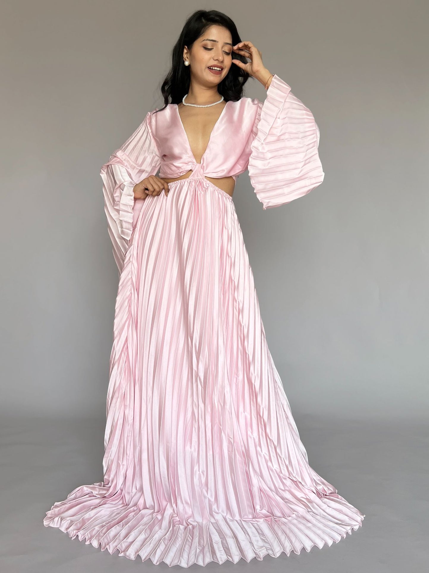 Blush Pink Satin Pleated Maxi Dress