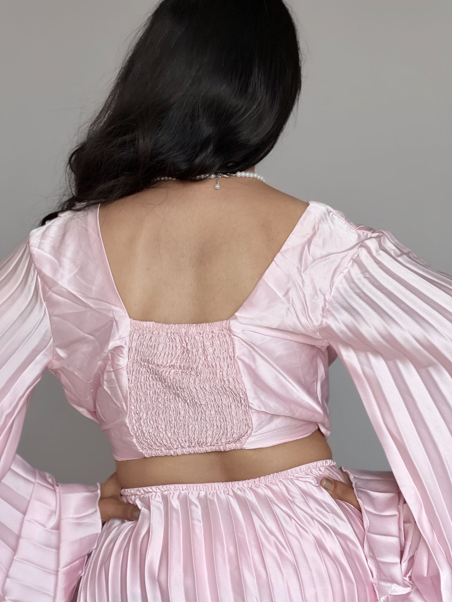 Blush Pink Satin Pleated Maxi Dress