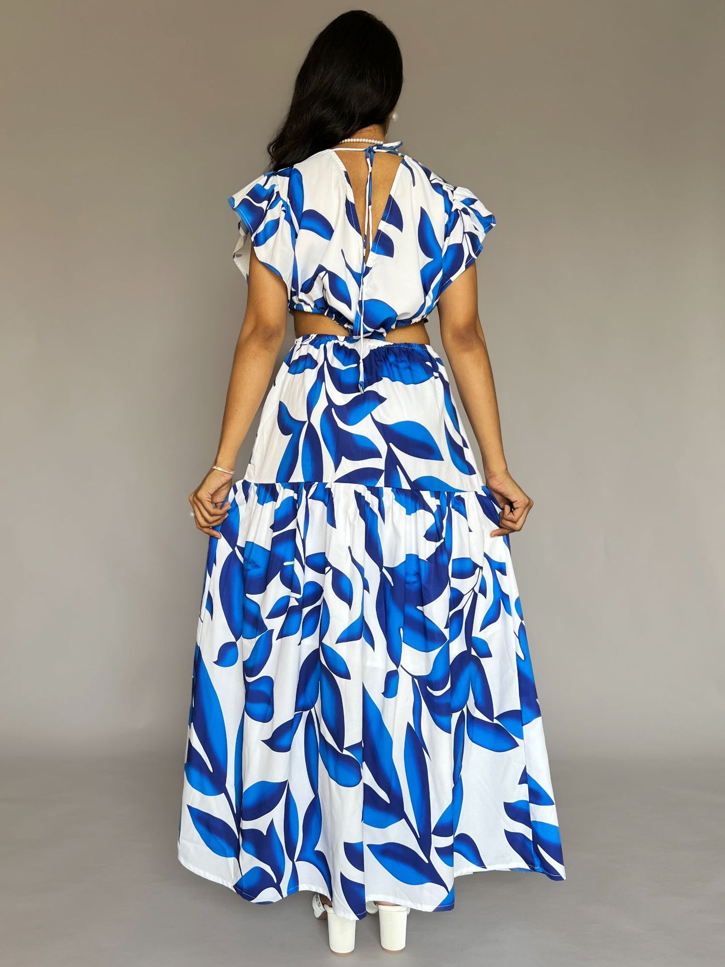 Blue Leaf Print Cutout Maxi Dress