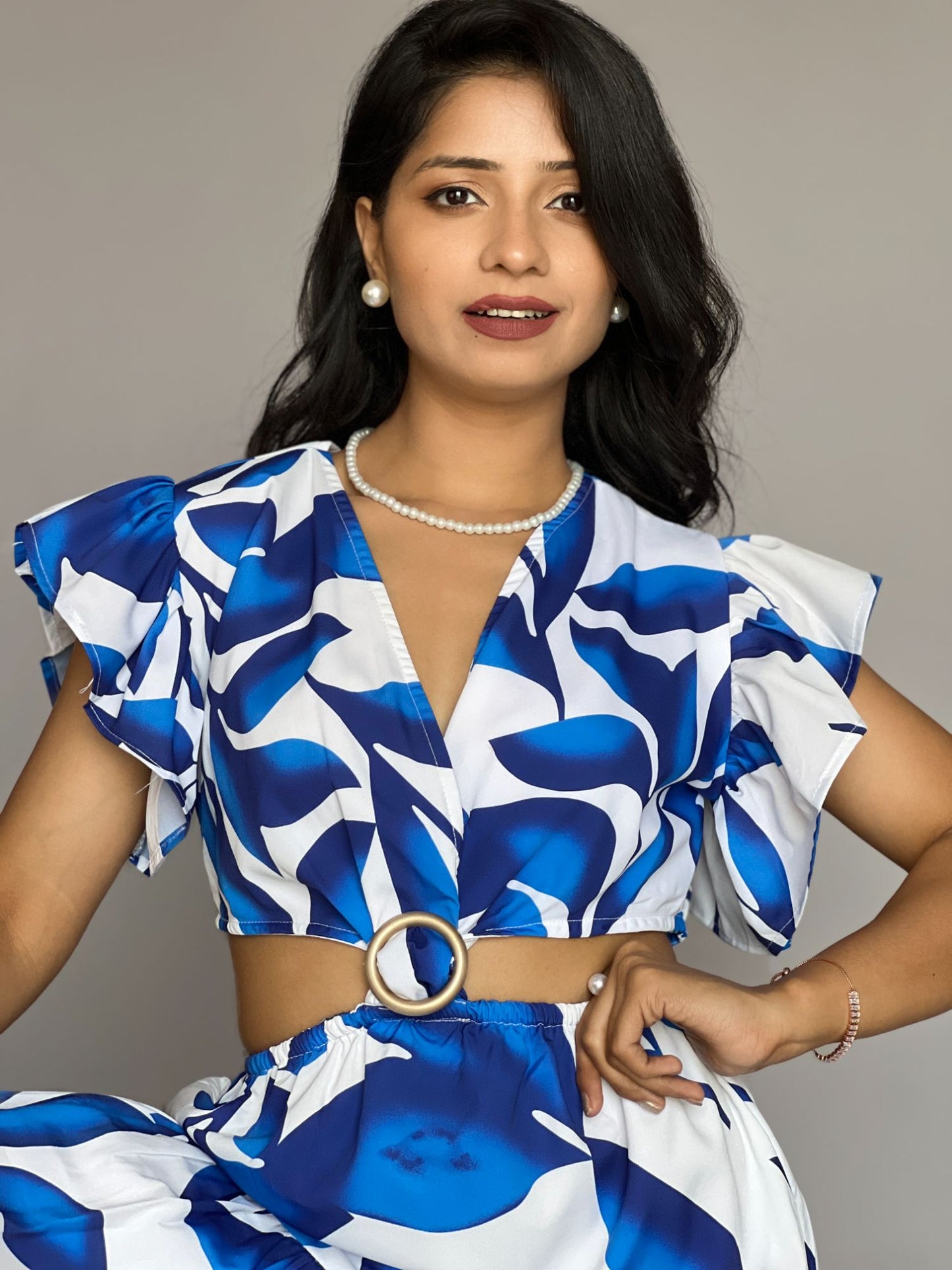Blue Leaf Print Cutout Maxi Dress