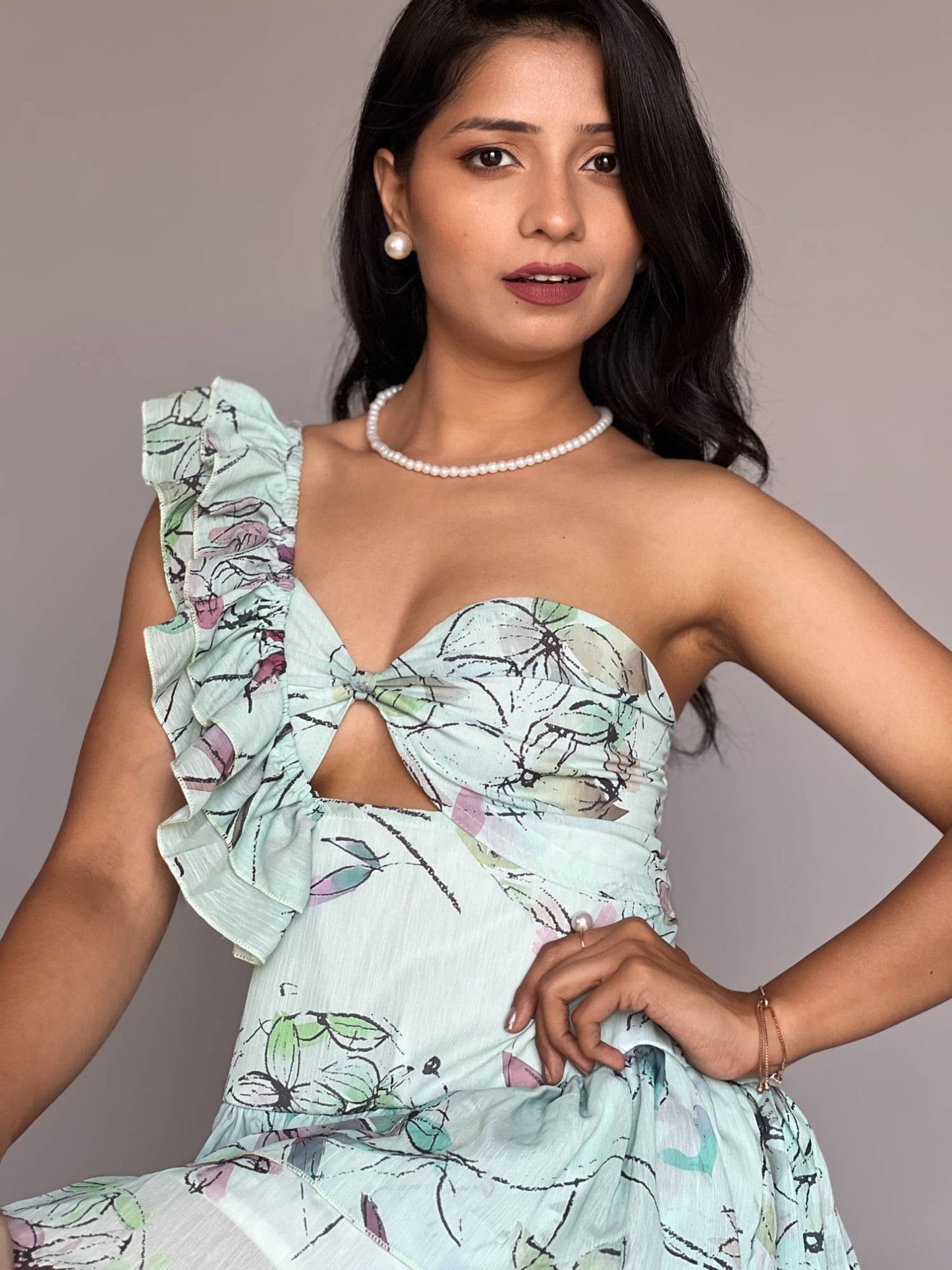 Mint Green One Shoulder Ruffle Dress
